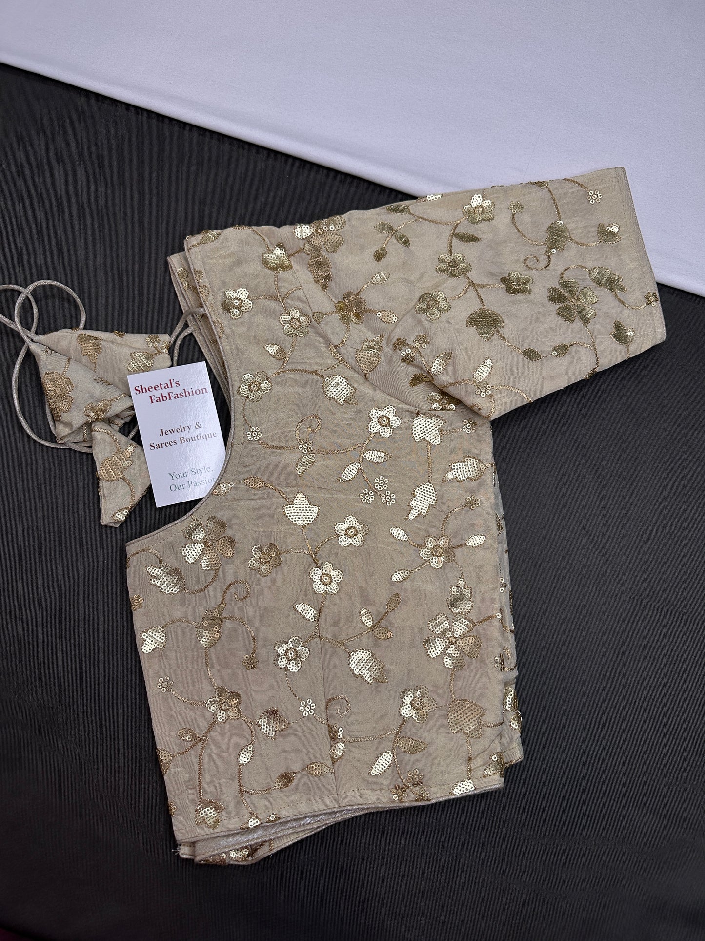 Beige Gold Sequins Embroidery Silk Blouse - 