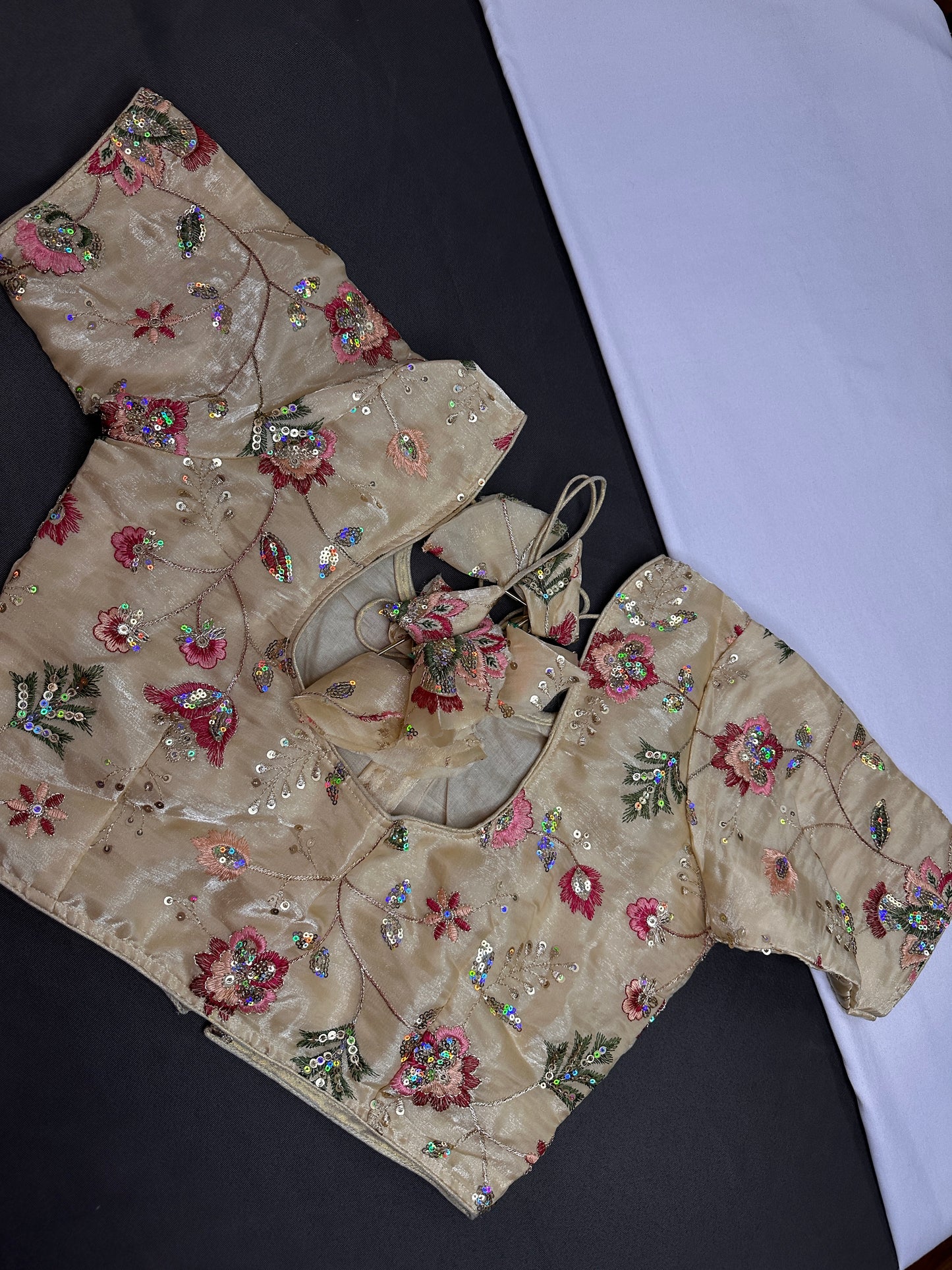 Beige Gold Sequins Multi Color Embroidery Silk Blouse - 