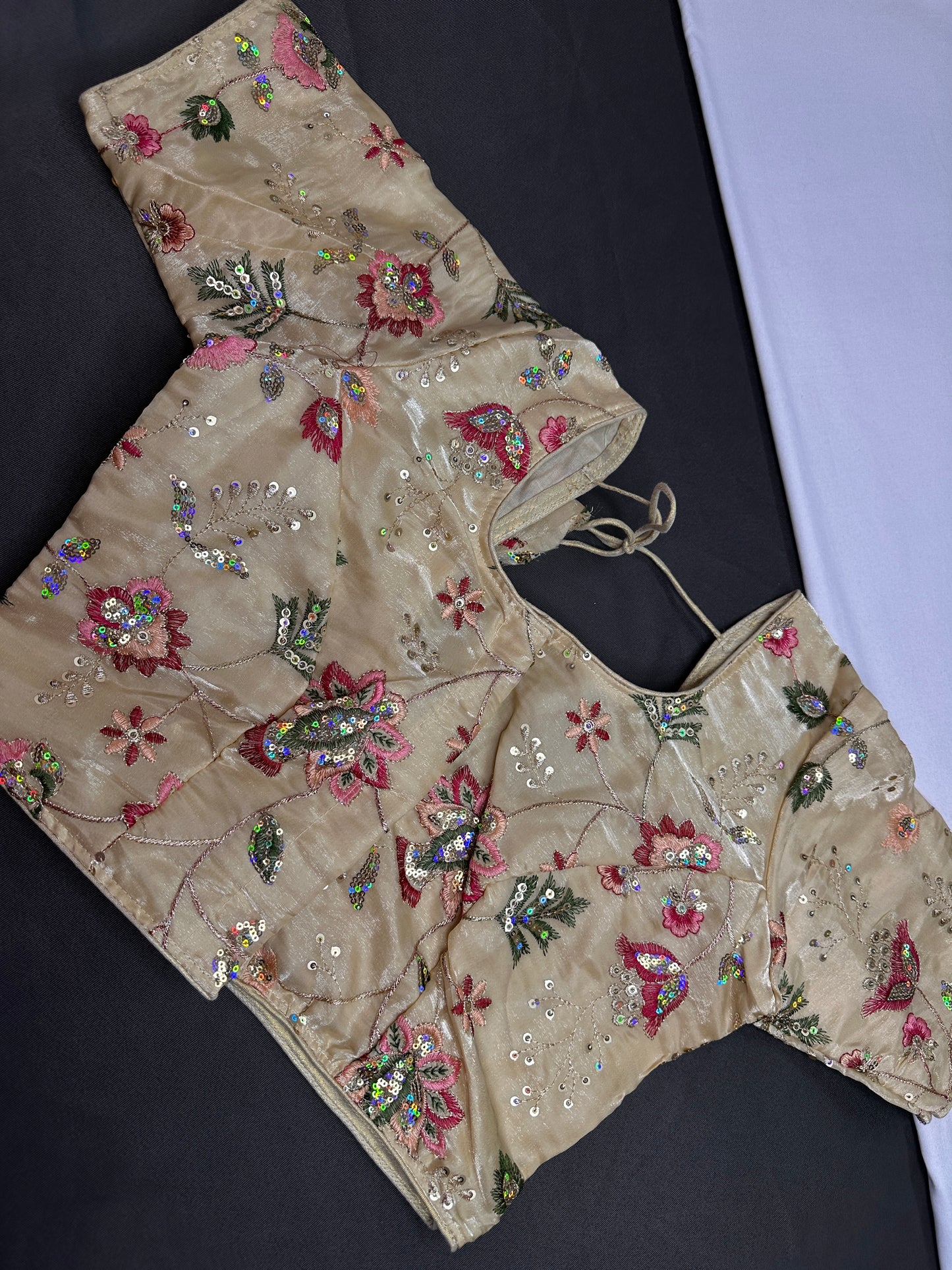 Beige Gold Sequins Multi Color Embroidery Silk Blouse - 
