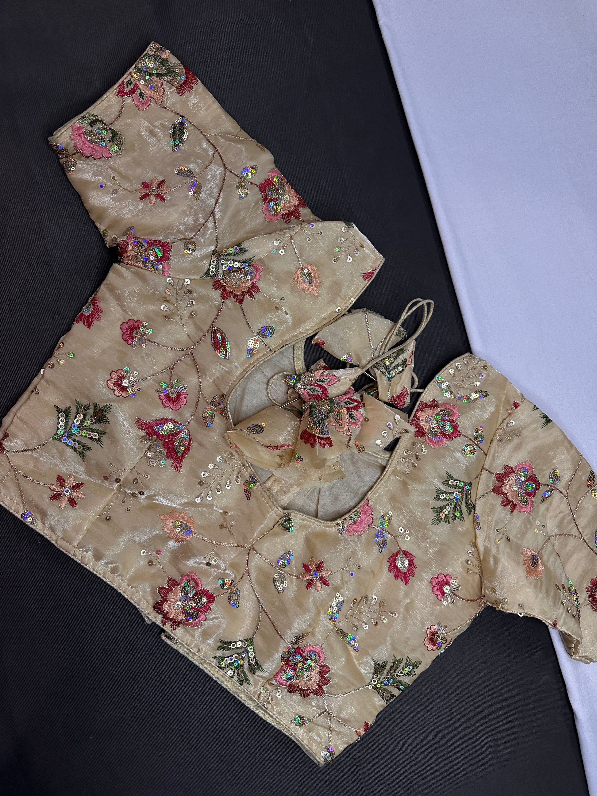 Beige Gold Sequins Multi Color Embroidery Silk Blouse - 