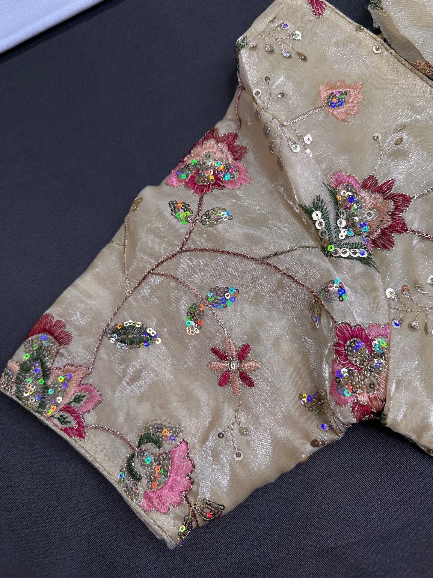 Beige Gold Sequins Multi Color Embroidery Silk Blouse - 
