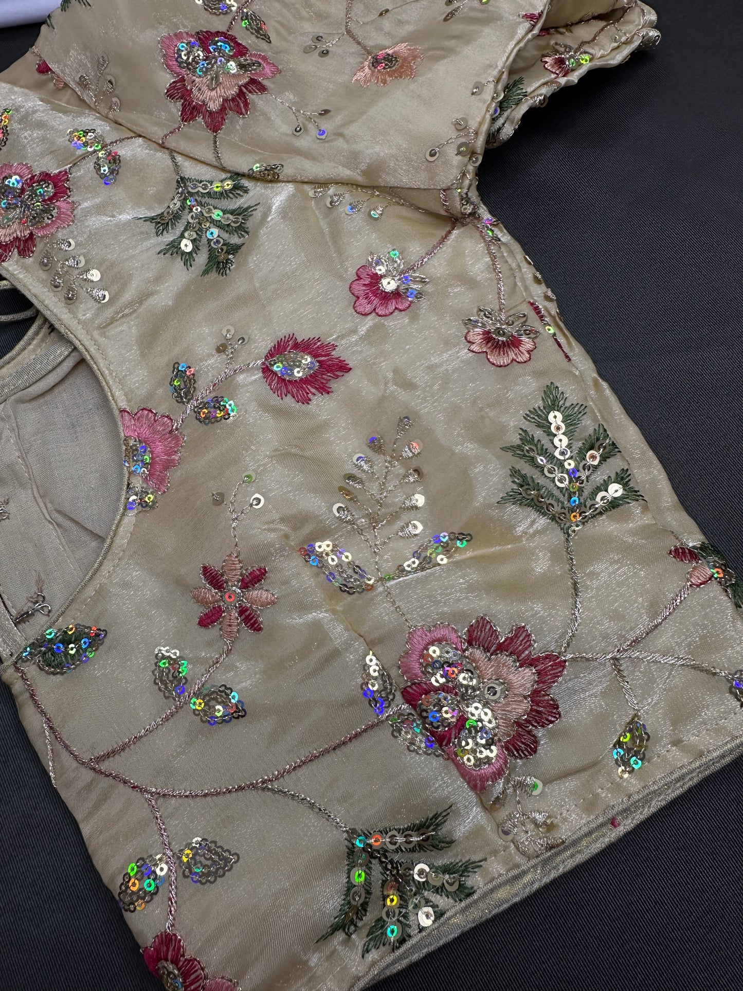 Beige Gold Sequins Multi Color Embroidery Silk Blouse - 