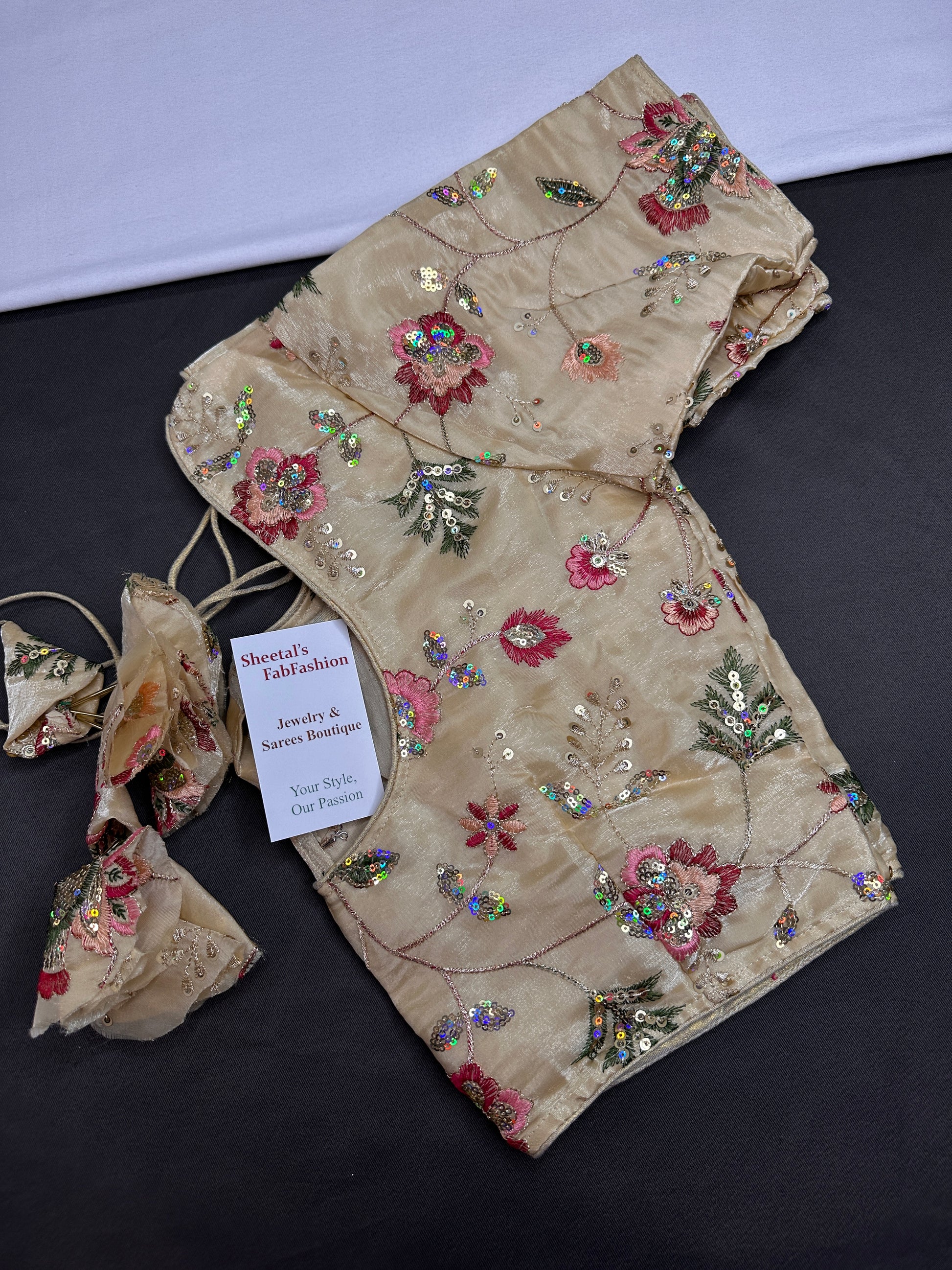 Beige Gold Sequins Multi Color Embroidery Silk Blouse - 