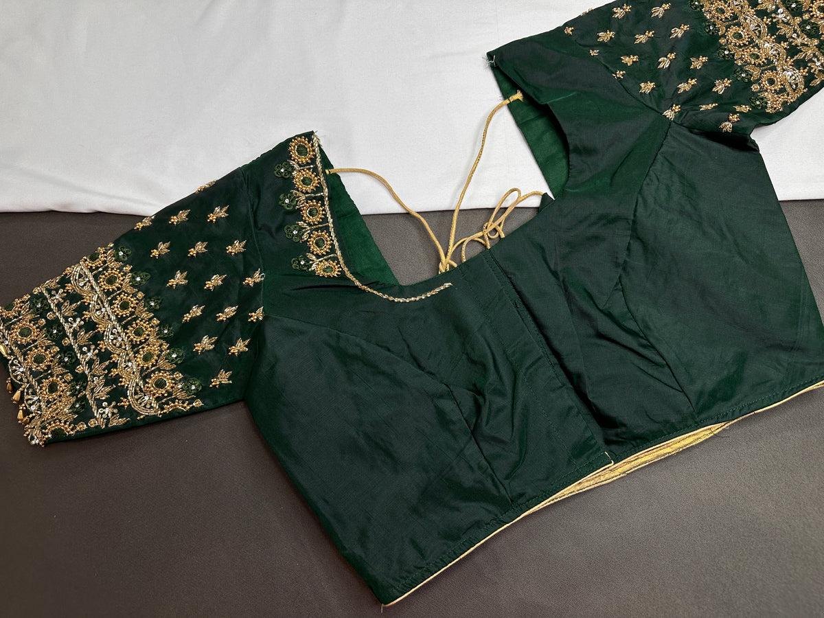 Green Silk Maggam Aari Work Blouse - 