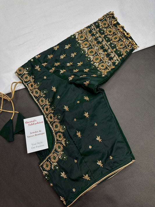 Green Silk Maggam Aari Work Blouse - 