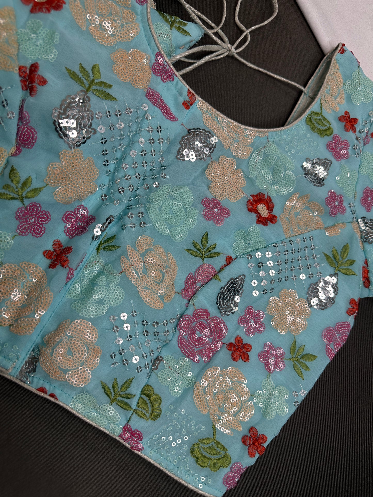 Blue Georgette Multi Coloor Embroidery Sequins Blouse - 