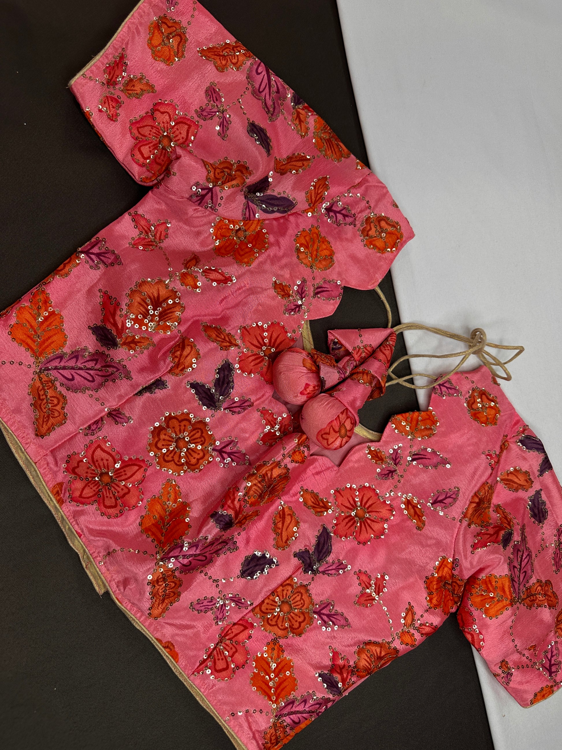 Pink Floral Silk Sequins Blouse - 