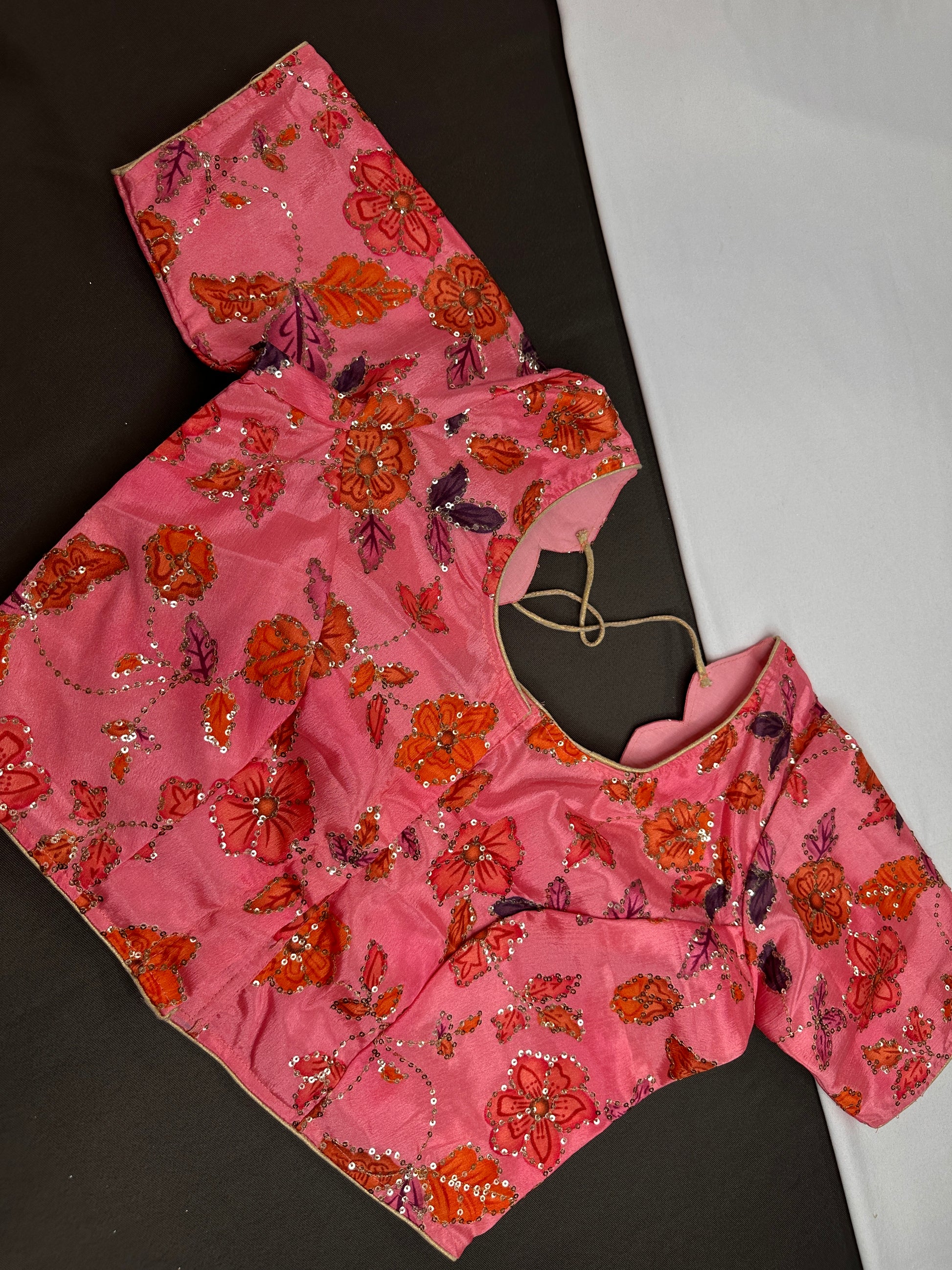 Pink Floral Silk Sequins Blouse - 