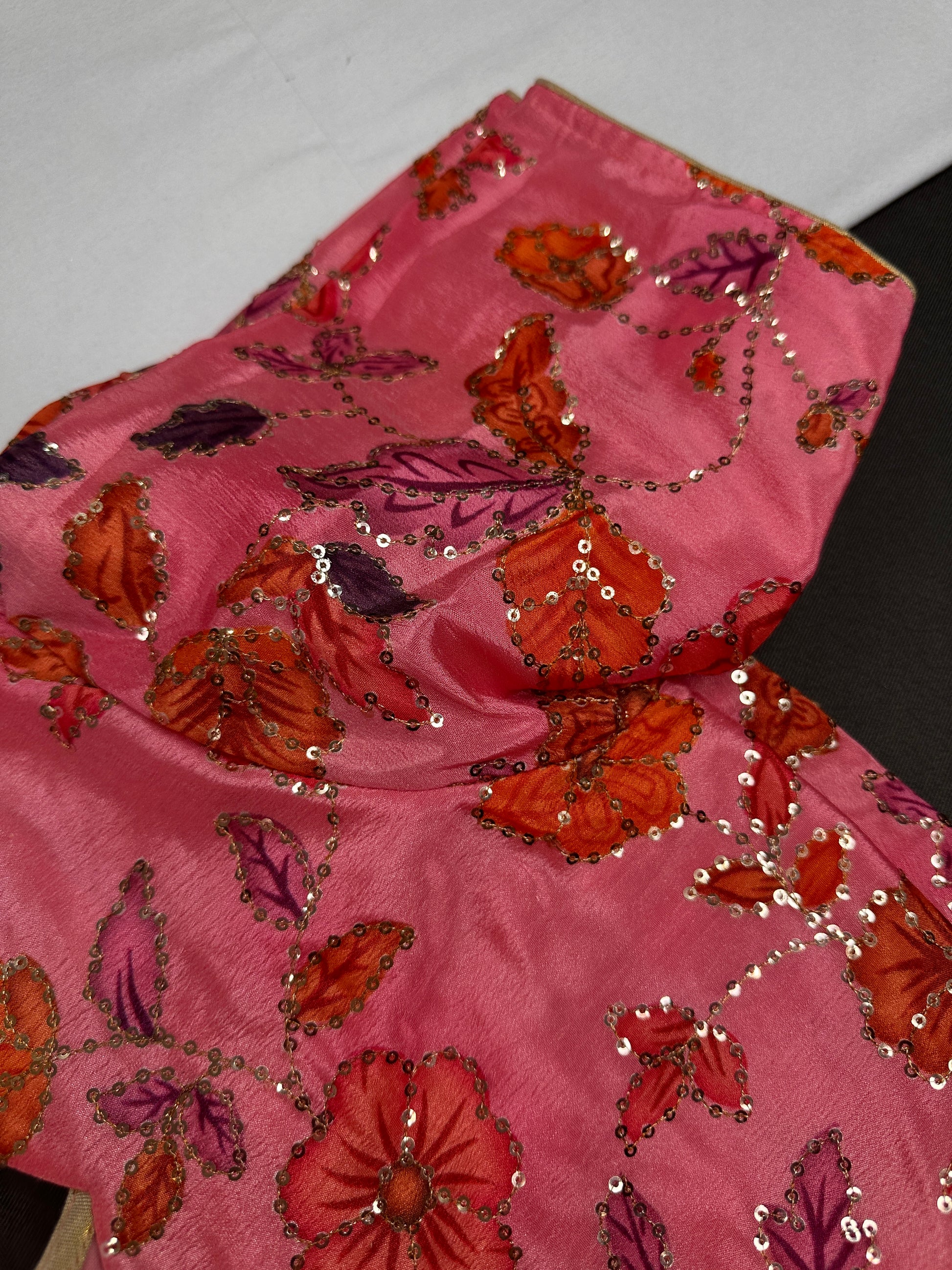 Pink Floral Silk Sequins Blouse - 