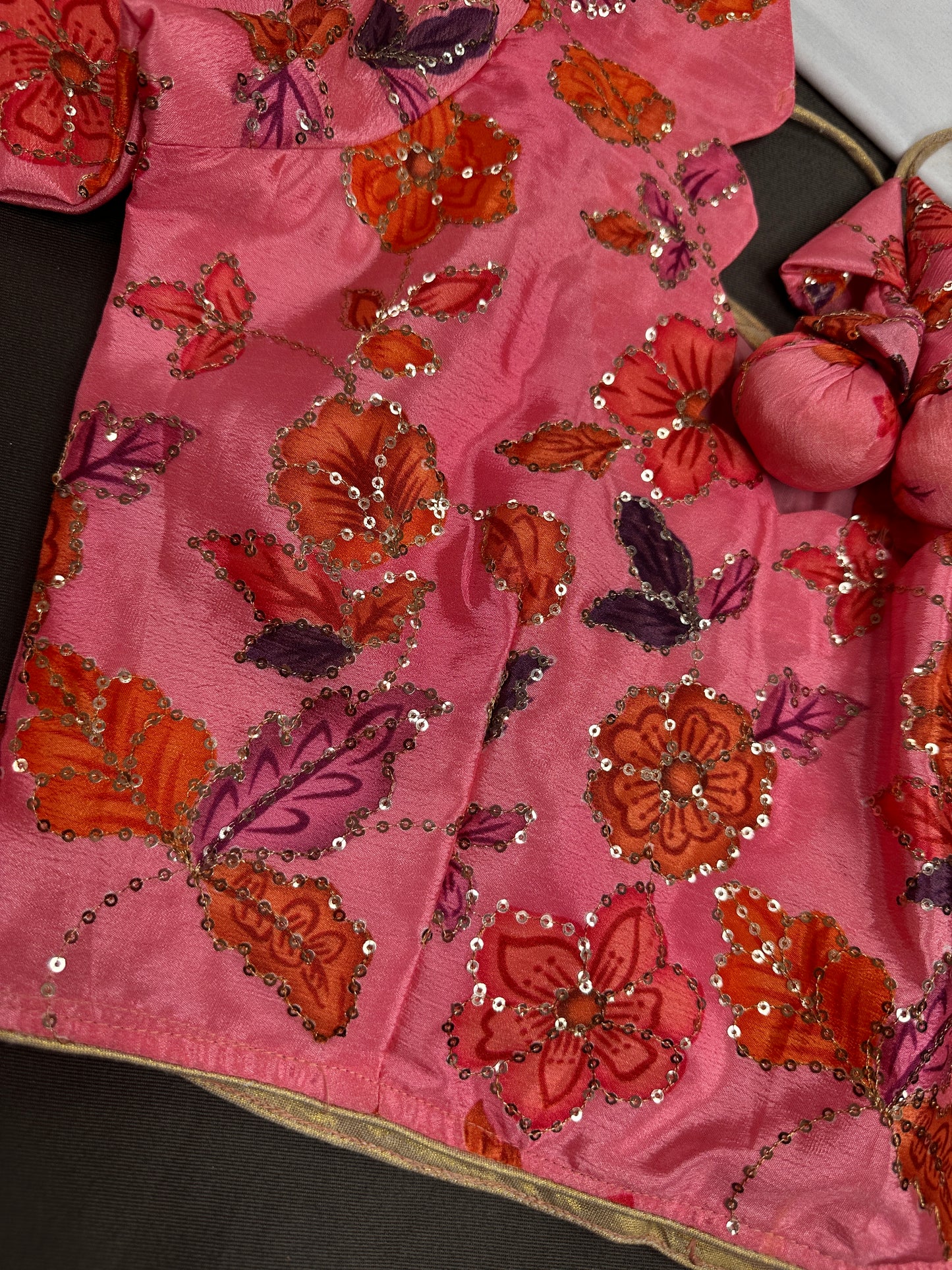 Pink Floral Silk Sequins Blouse - 