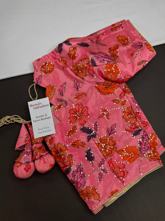 Pink Floral Silk Sequins Blouse - 