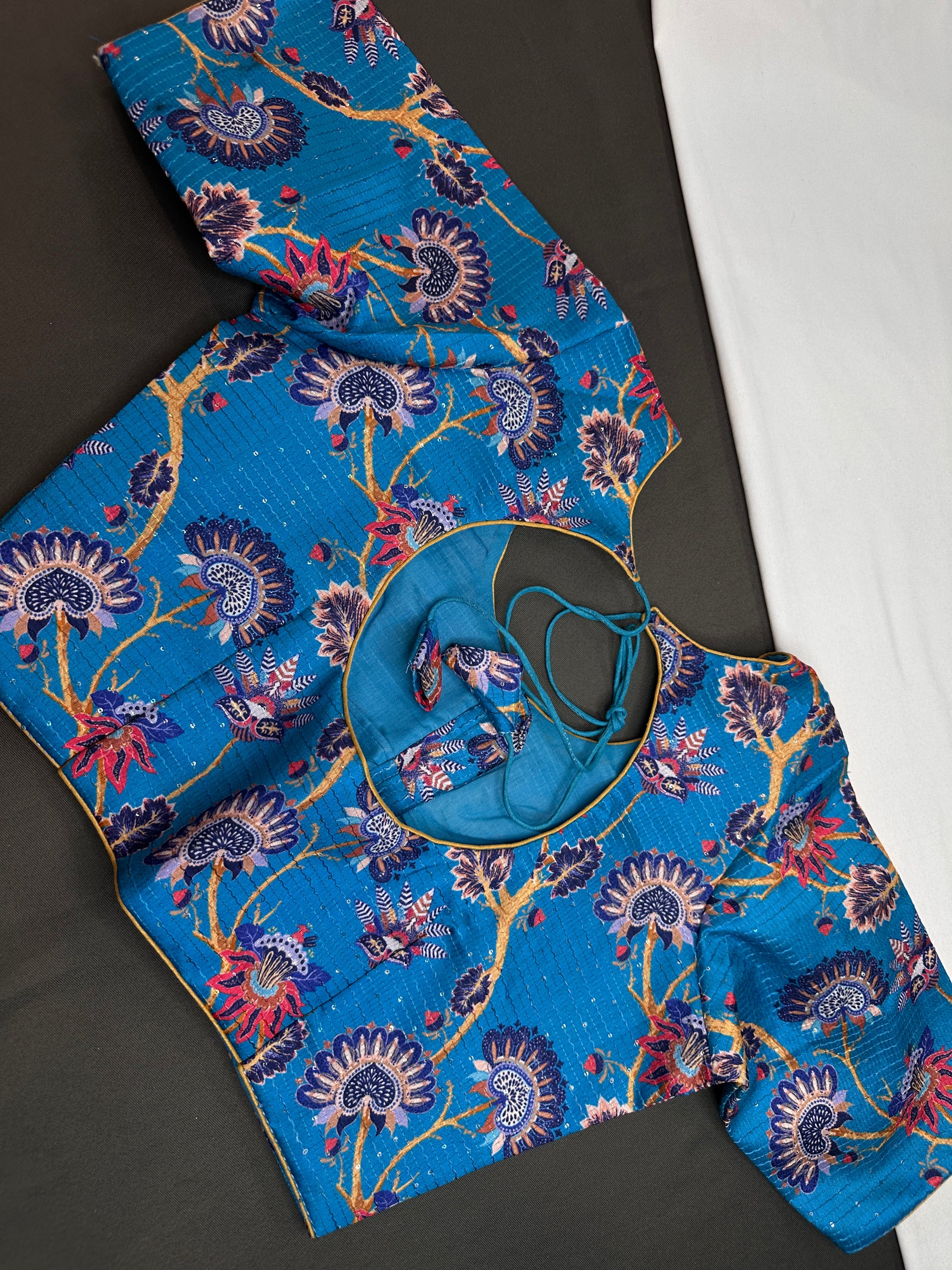 Blue  Silk Kalamkari Sequins Blouse - 