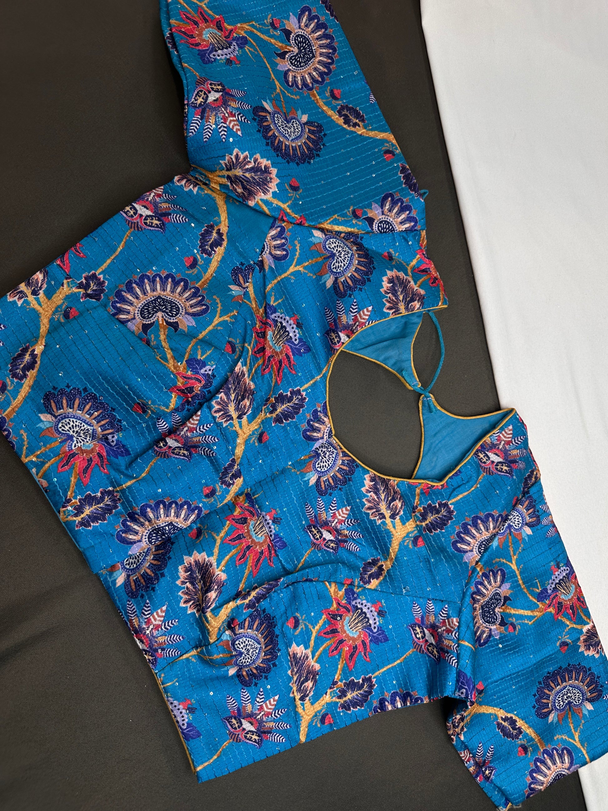 Blue  Silk Kalamkari Sequins Blouse - 