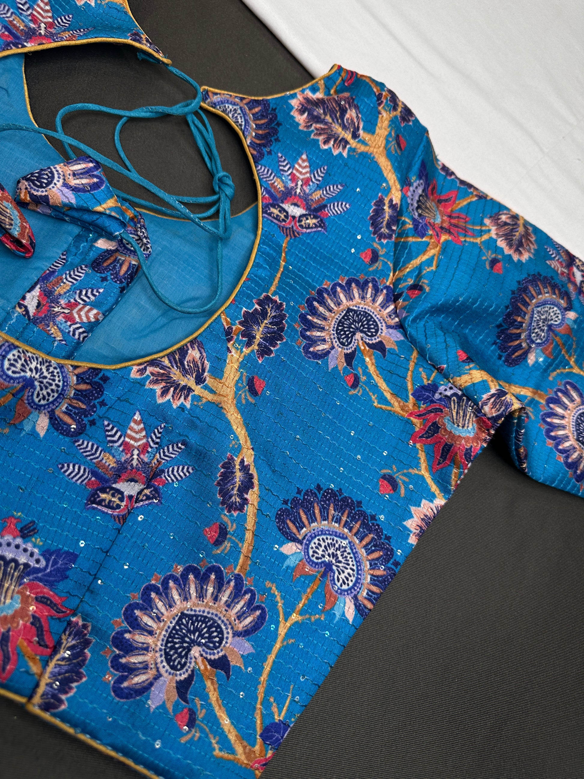 Blue  Silk Kalamkari Sequins Blouse - 