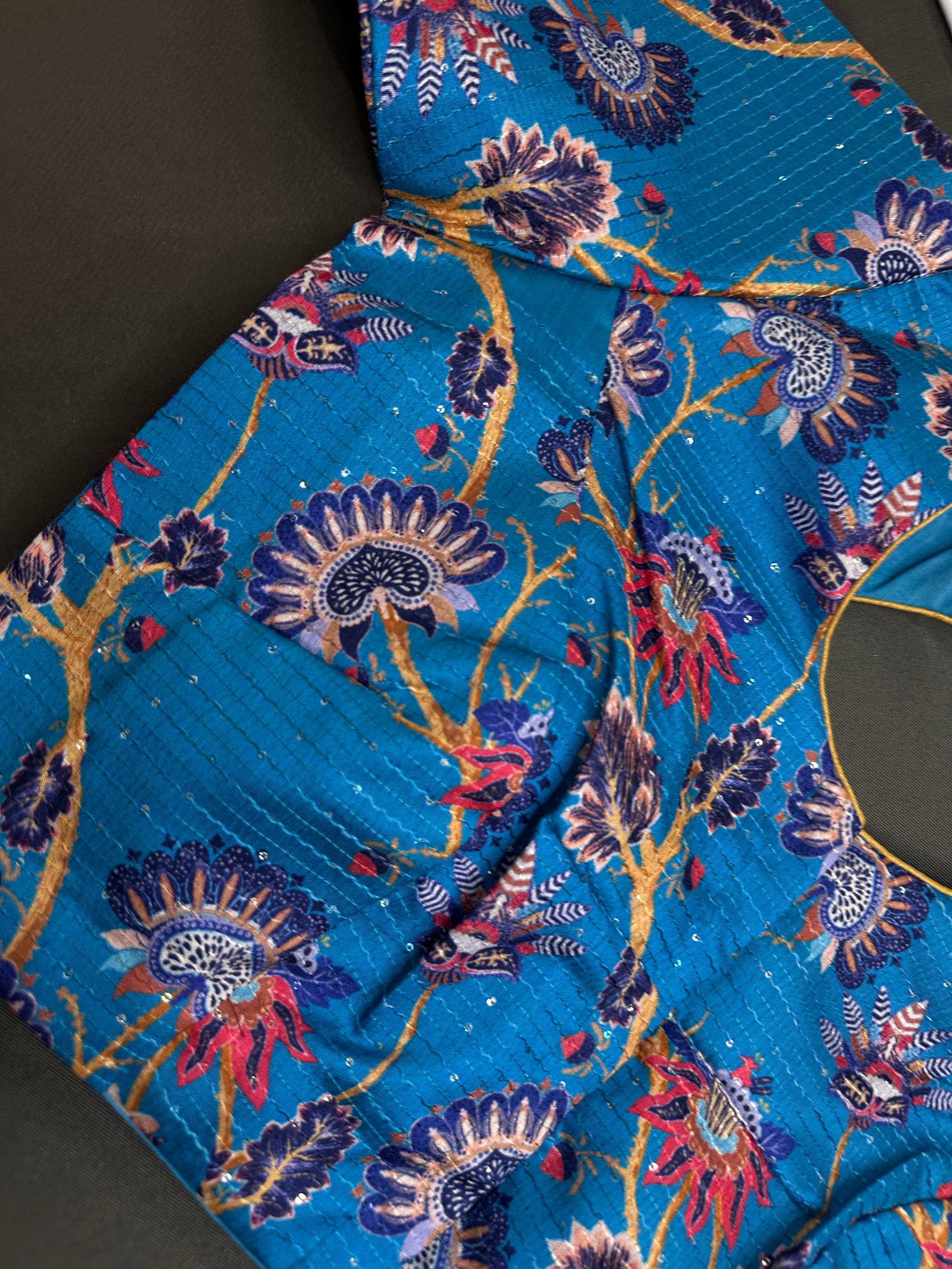 Blue  Silk Kalamkari Sequins Blouse - 