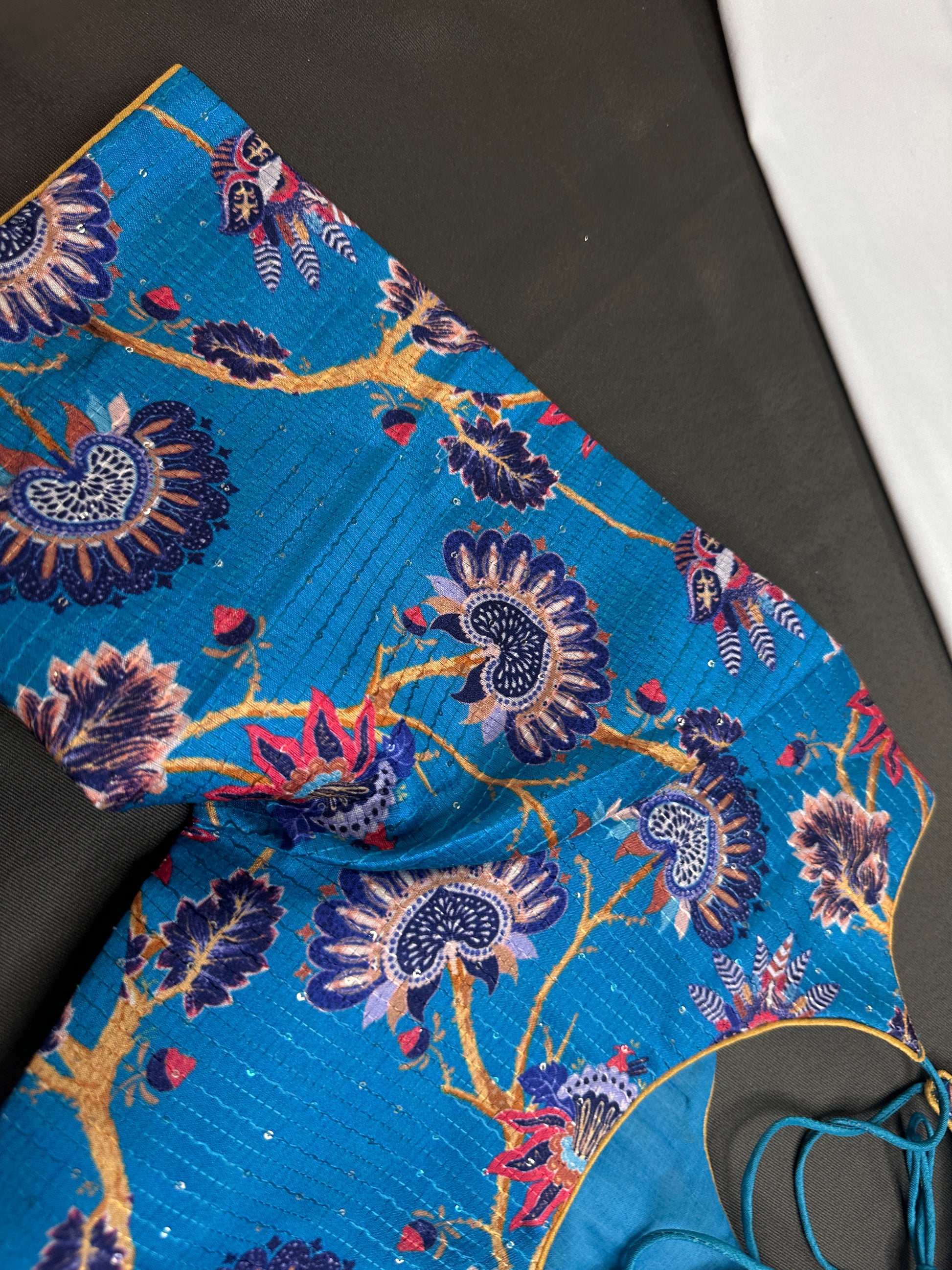Blue  Silk Kalamkari Sequins Blouse - 