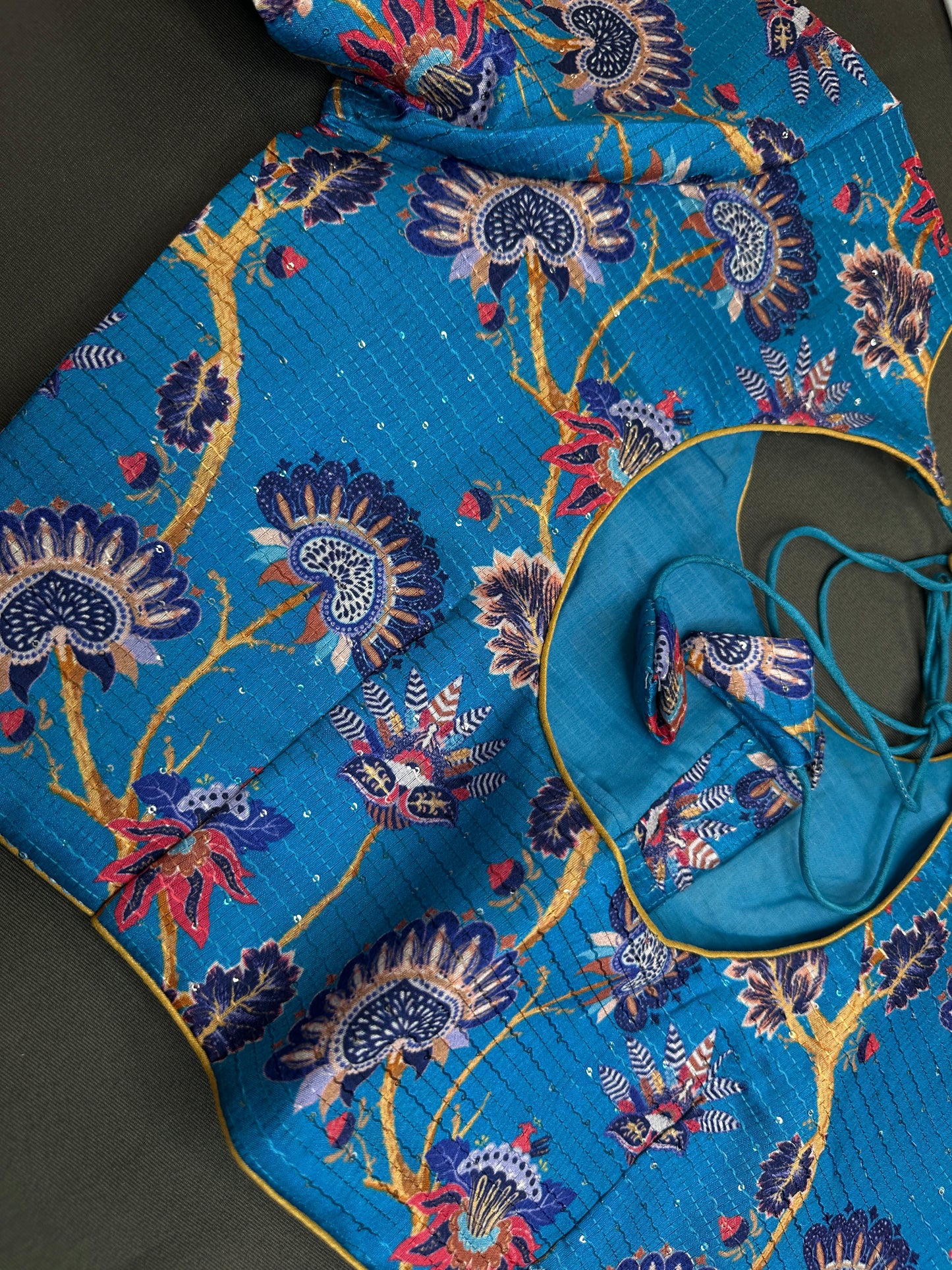 Blue  Silk Kalamkari Sequins Blouse - 