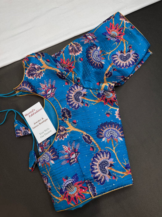 Blue  Silk Kalamkari Sequins Blouse - 