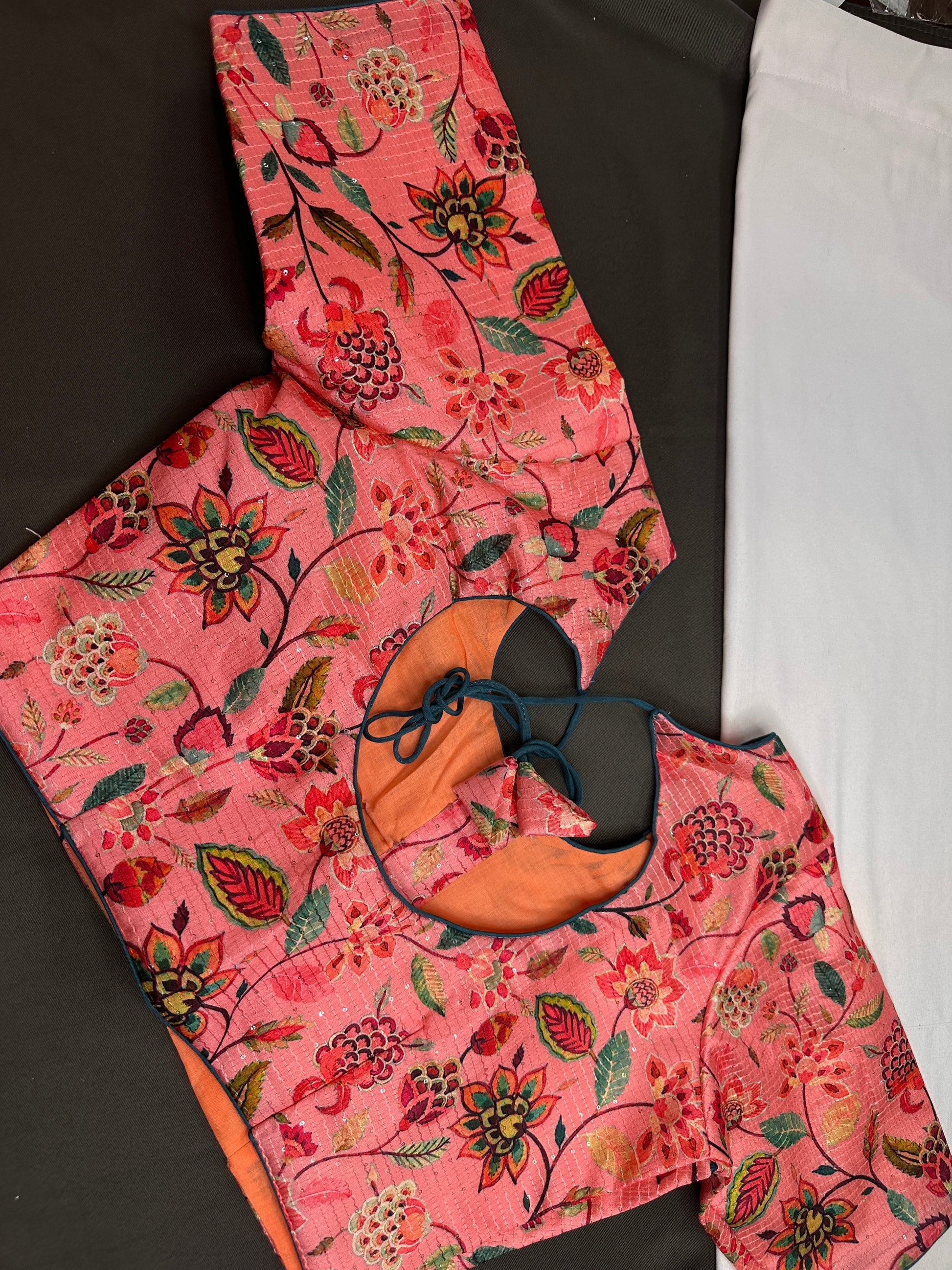 Peachish Pink Silk Kalamkari Sequins Blouse - 
