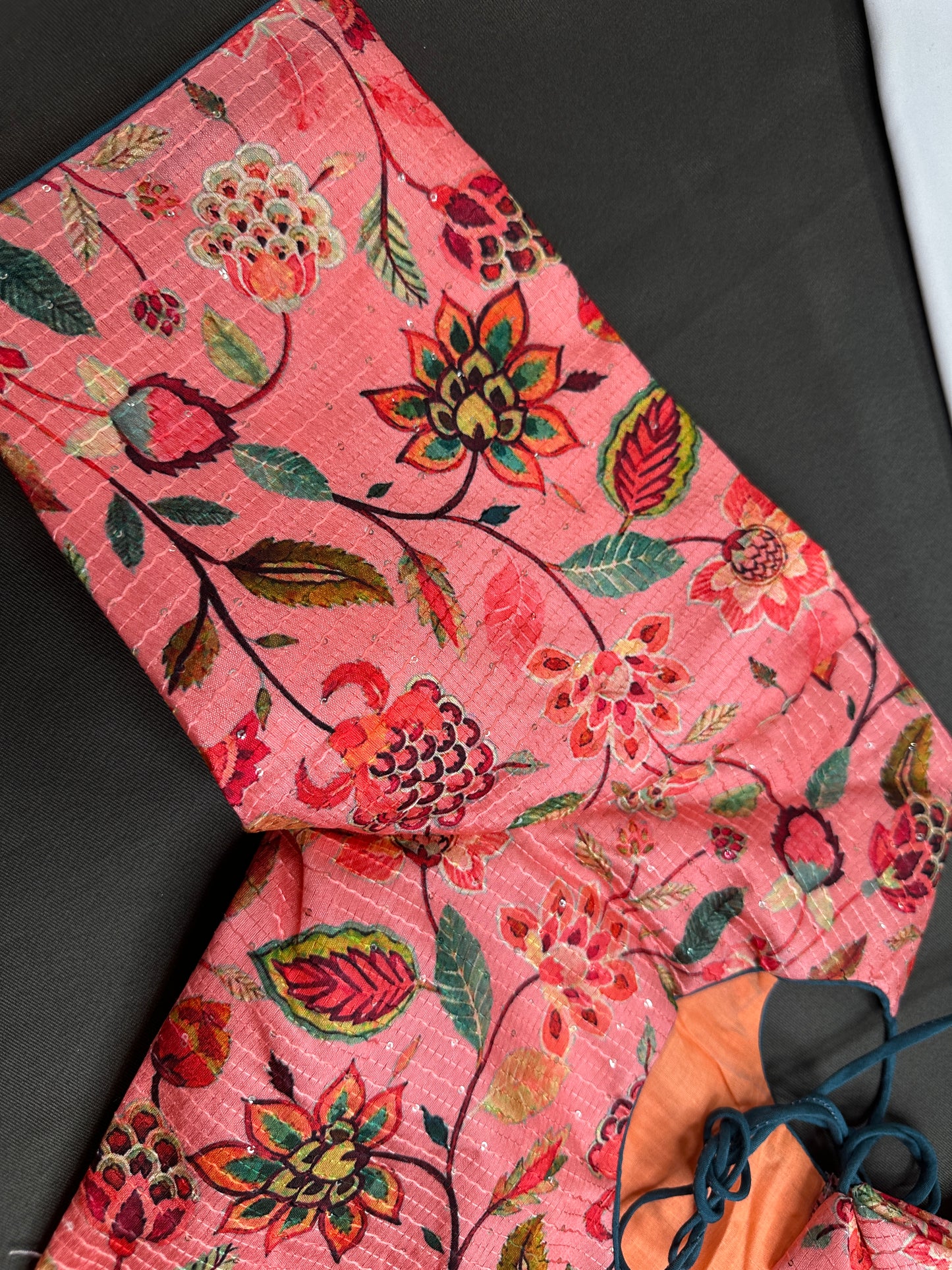Peachish Pink Silk Kalamkari Sequins Blouse - 