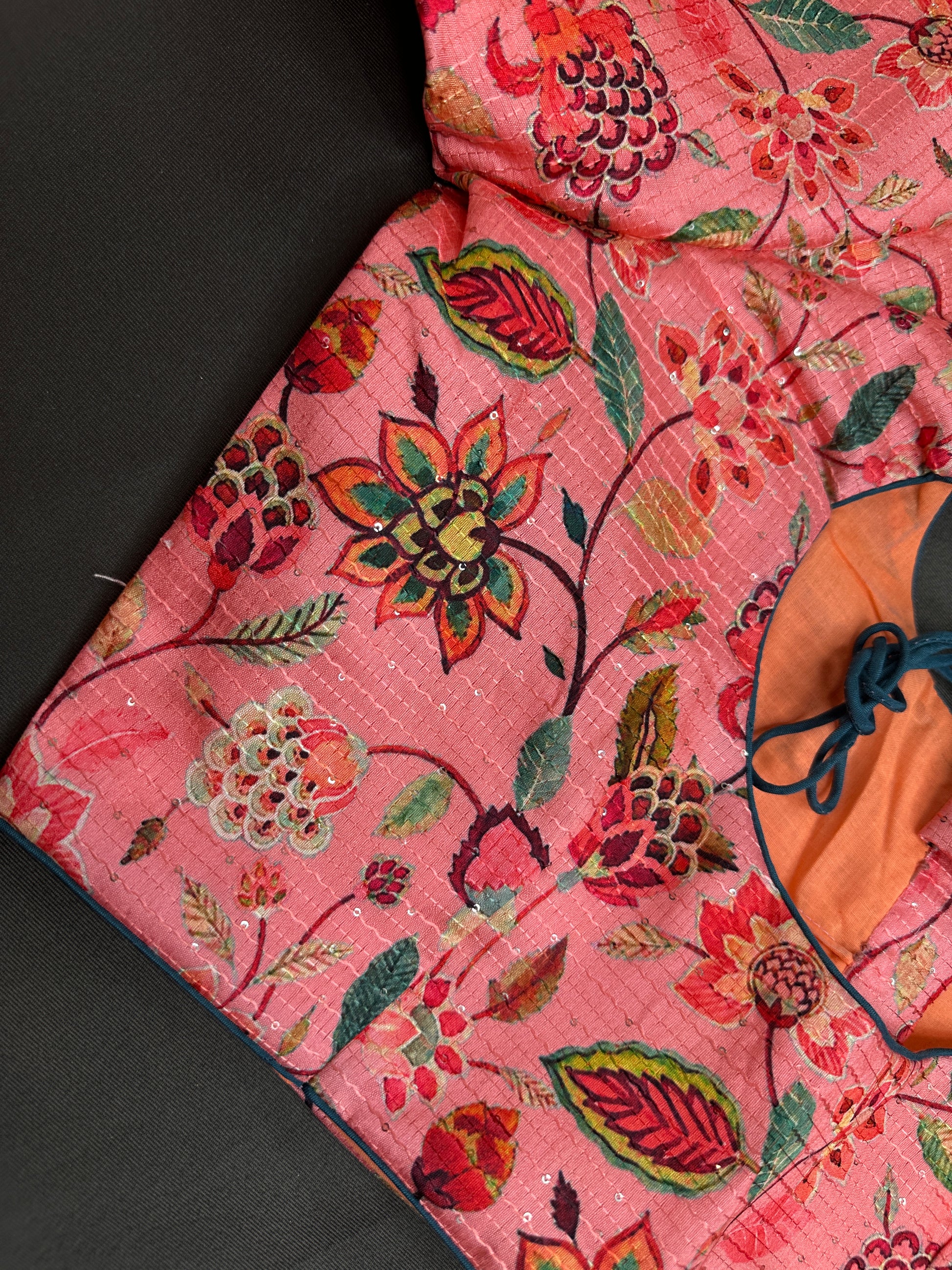 Peachish Pink Silk Kalamkari Sequins Blouse - 