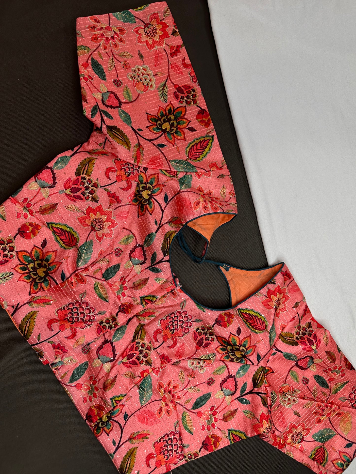 Peachish Pink Silk Kalamkari Sequins Blouse - 