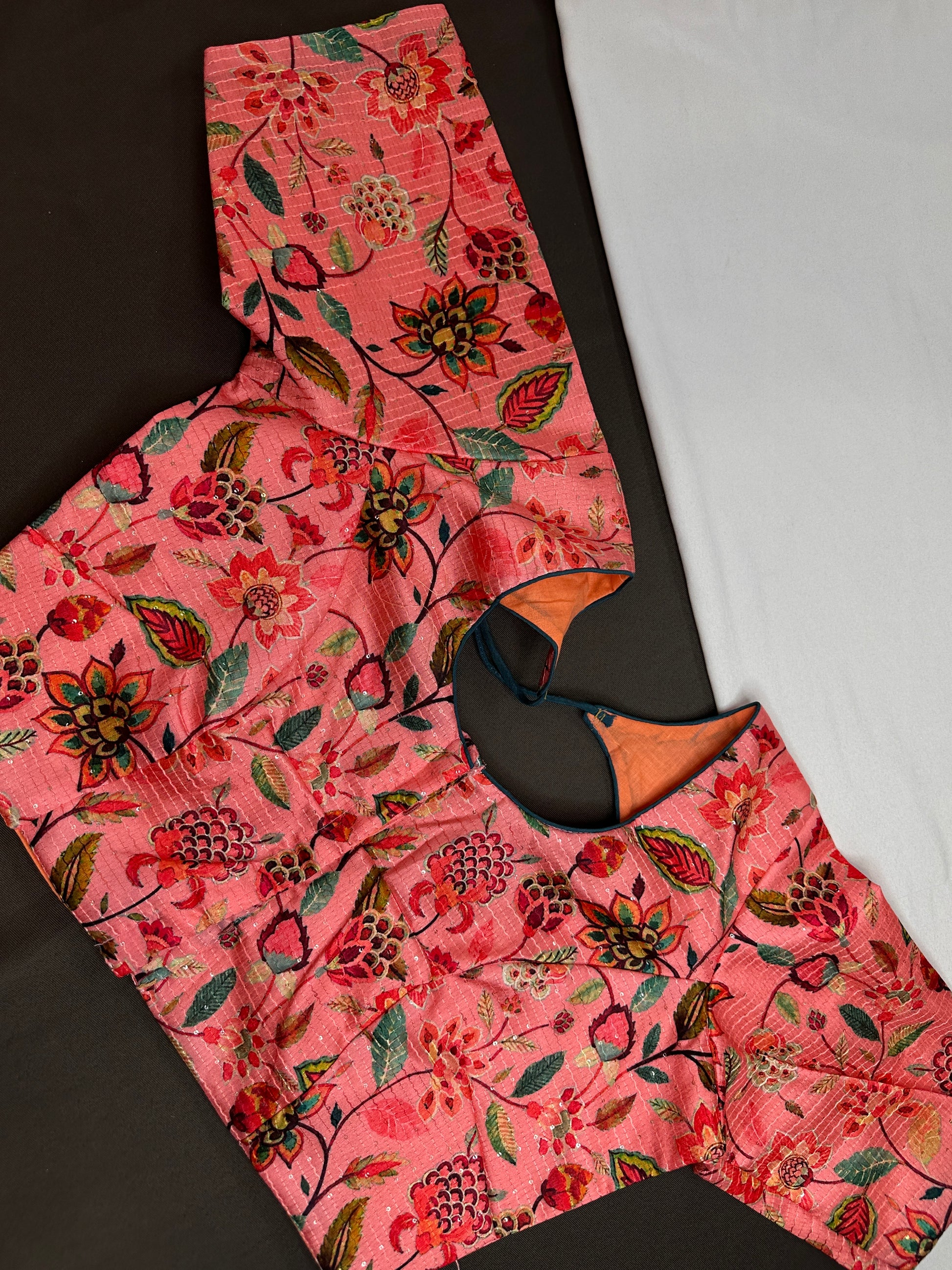 Peachish Pink Silk Kalamkari Sequins Blouse - 