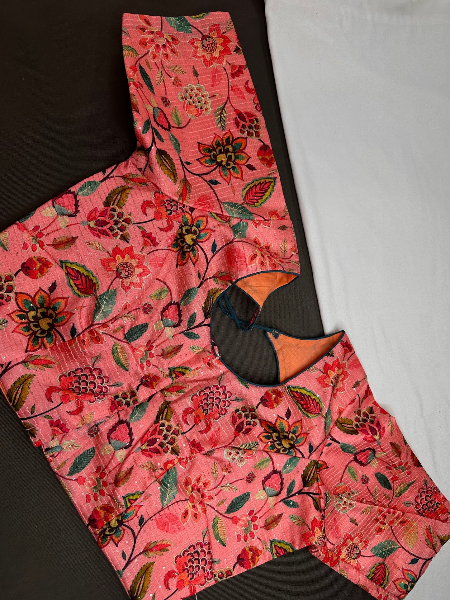 Peachish Pink Silk Kalamkari Sequins Blouse - 