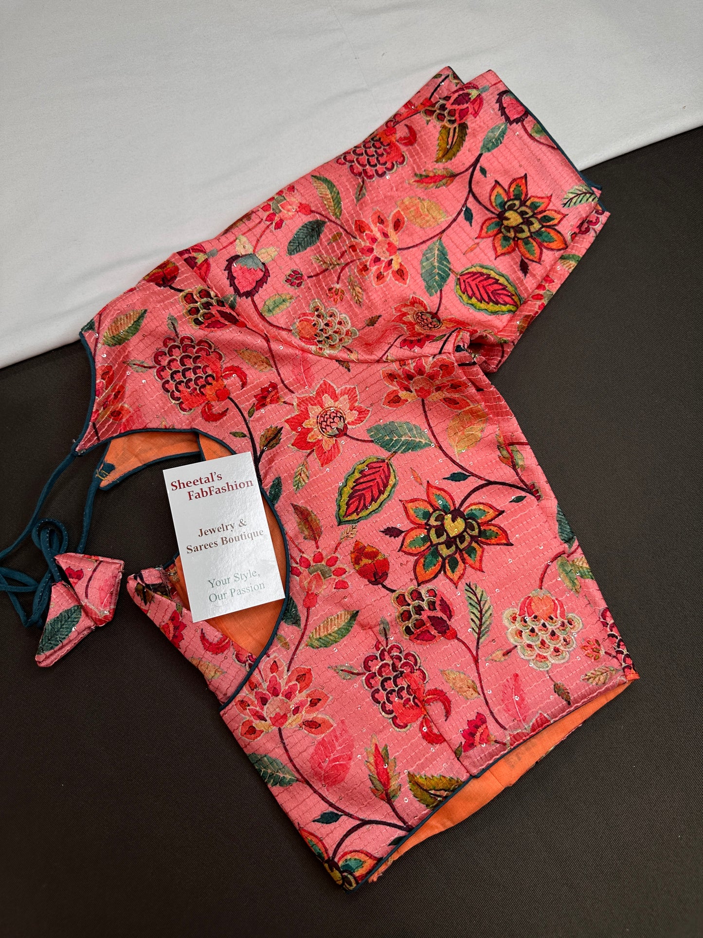 Peachish Pink Silk Kalamkari Sequins Blouse - 