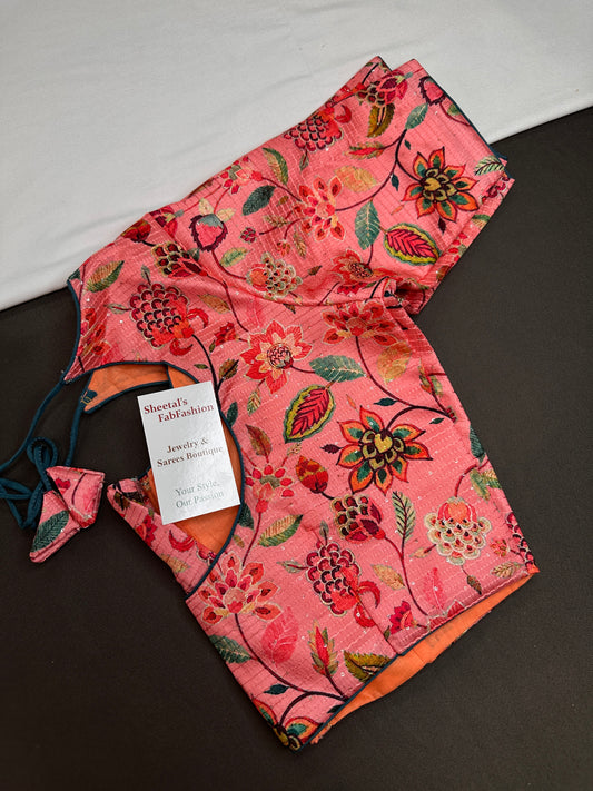 Peachish Pink Silk Kalamkari Sequins Blouse - 