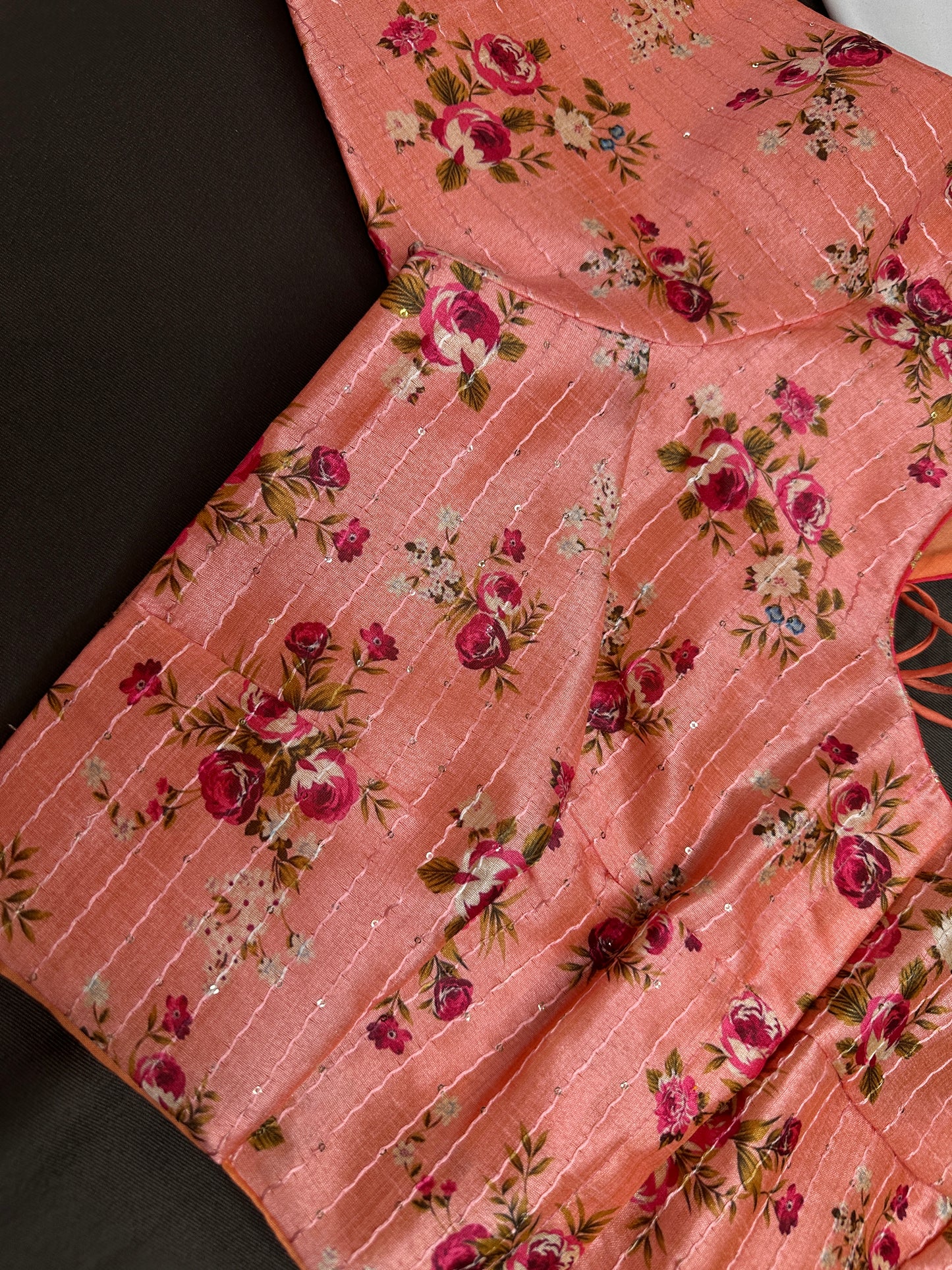 Peachish Pink Silk Kalamkari Sequins Blouse - 
