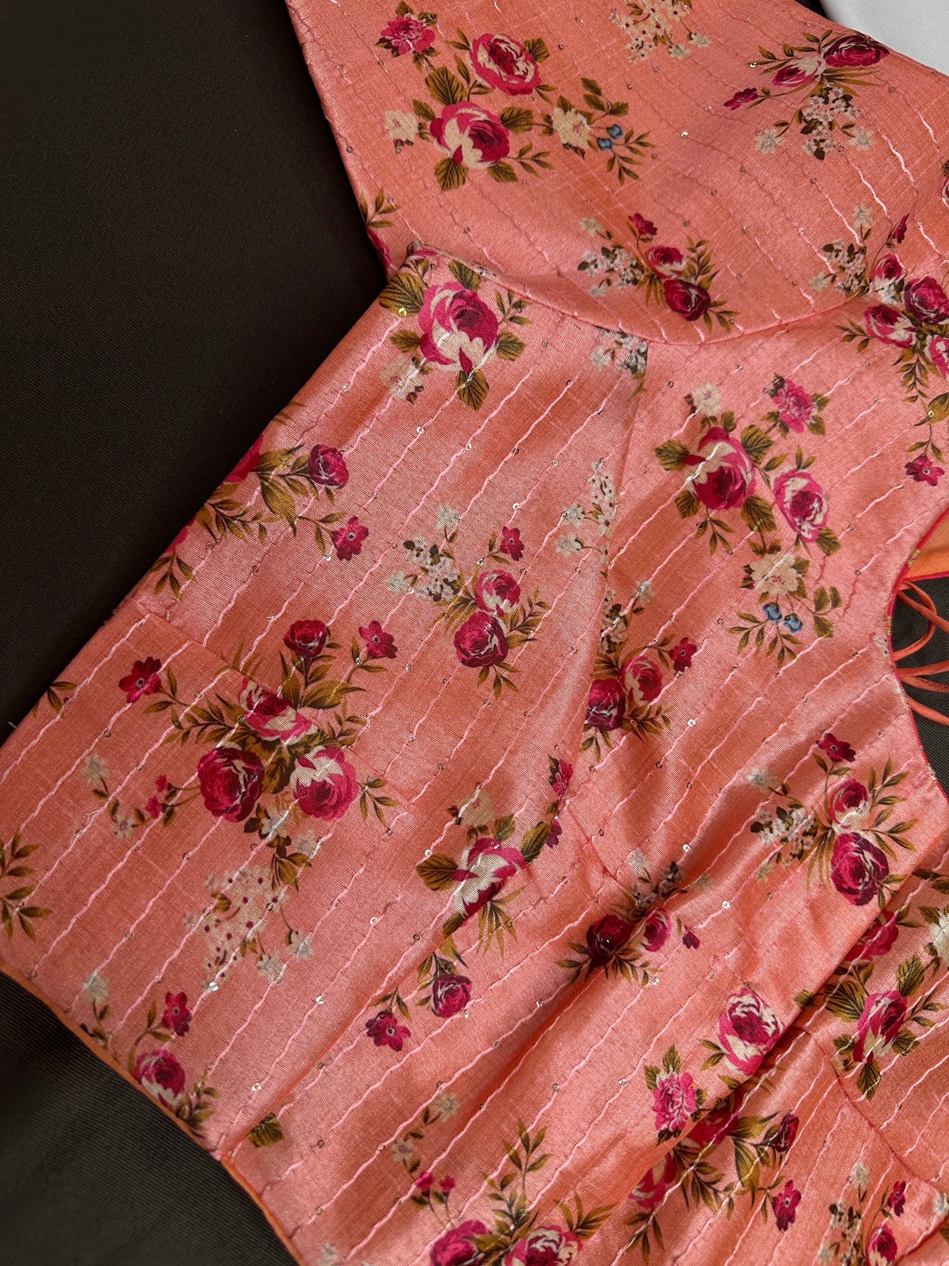 Peachish Pink Silk Kalamkari Sequins Blouse - 