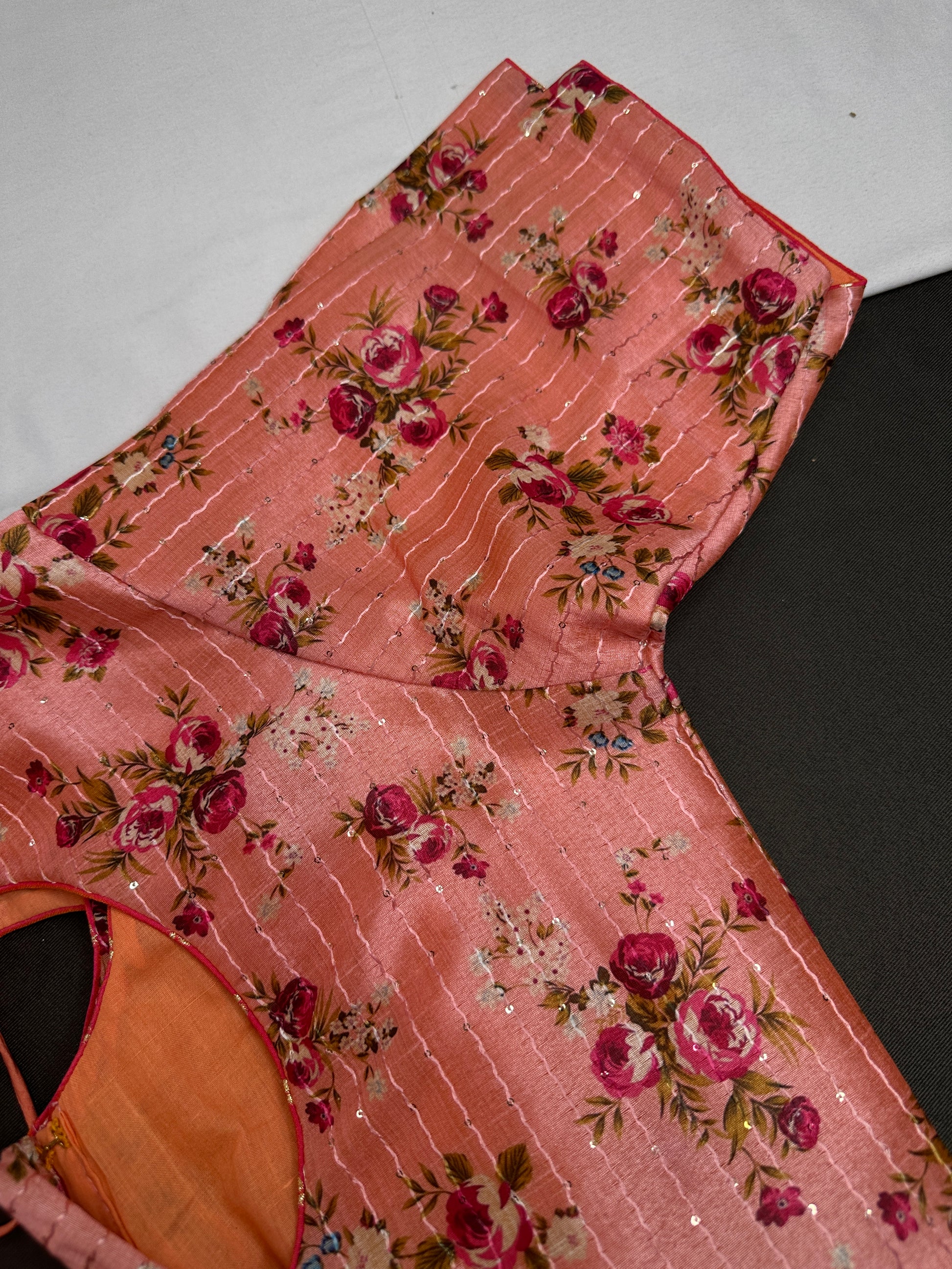 Peachish Pink Silk Kalamkari Sequins Blouse - 