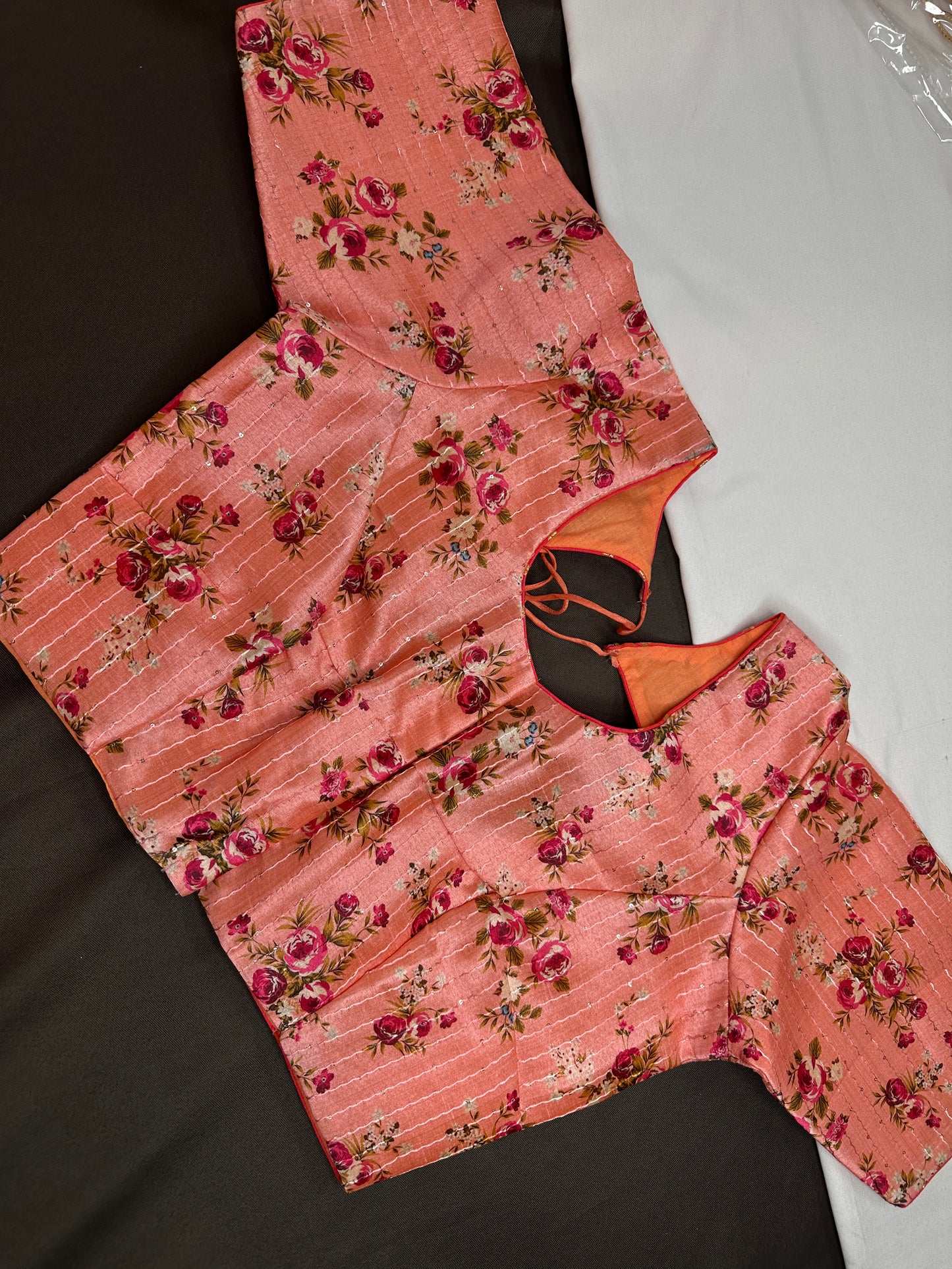 Peachish Pink Silk Kalamkari Sequins Blouse - 