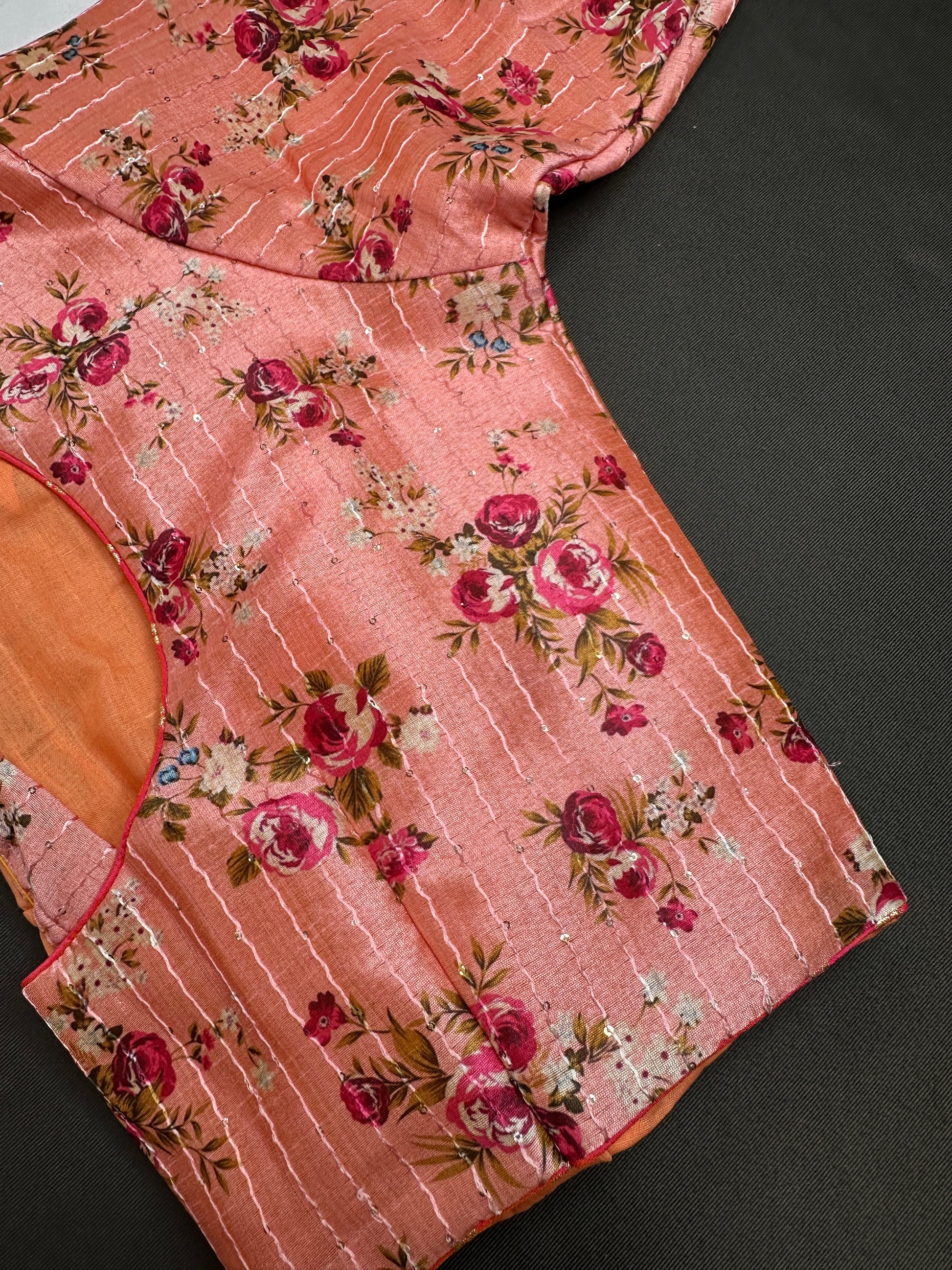 Peachish Pink Silk Kalamkari Sequins Blouse - 