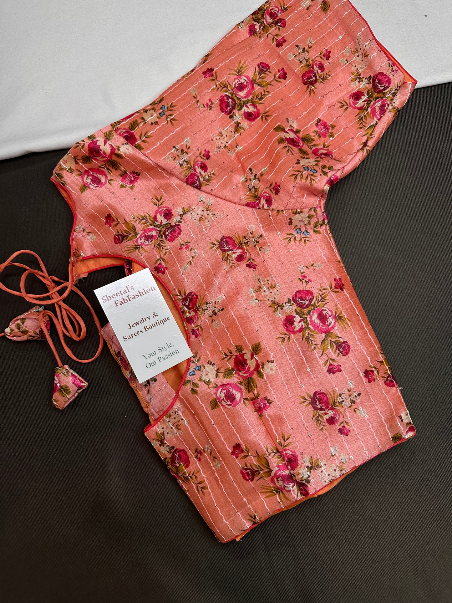 Peachish Pink Silk Kalamkari Sequins Blouse - 