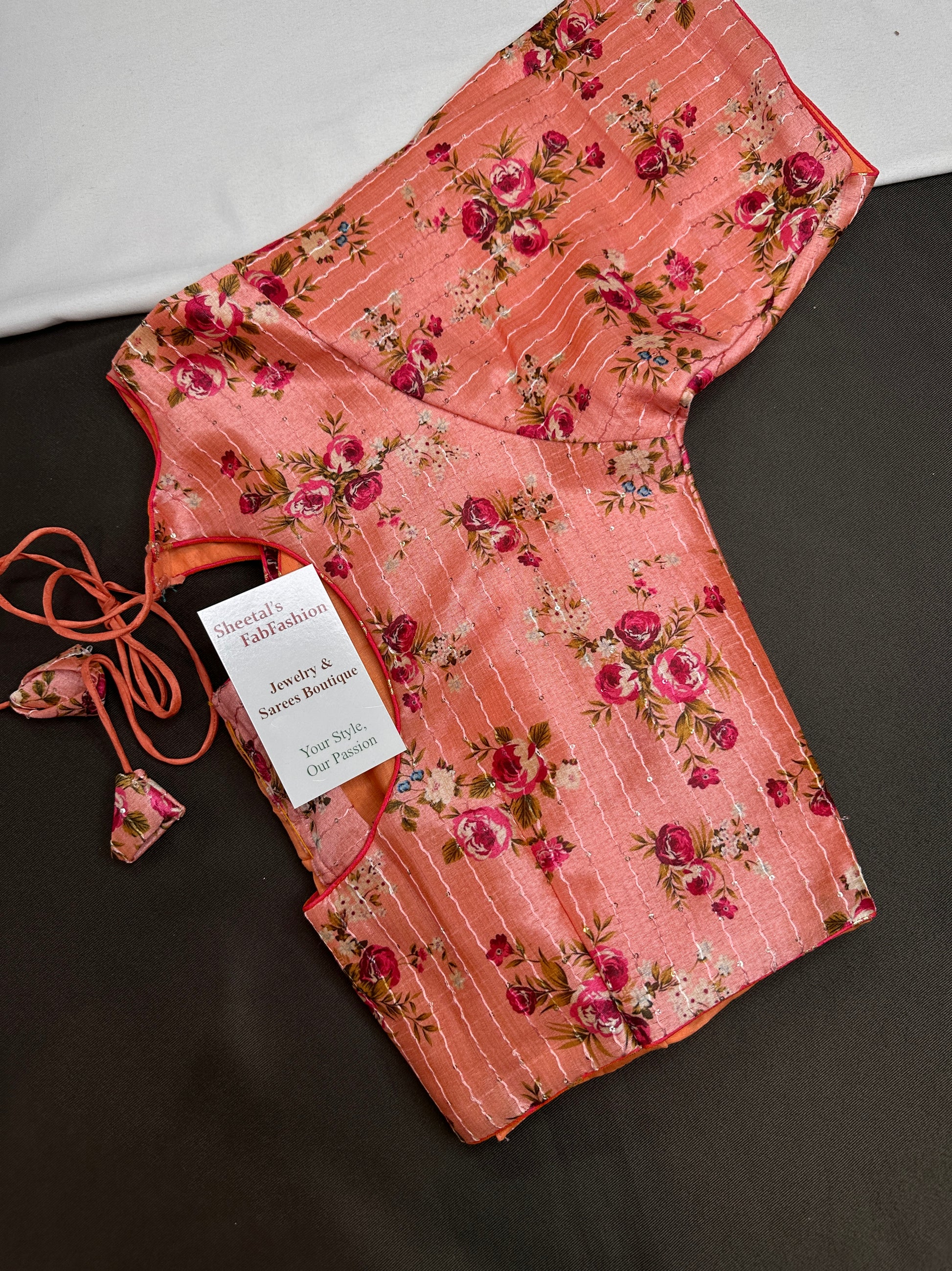 Peachish Pink Silk Kalamkari Sequins Blouse - 