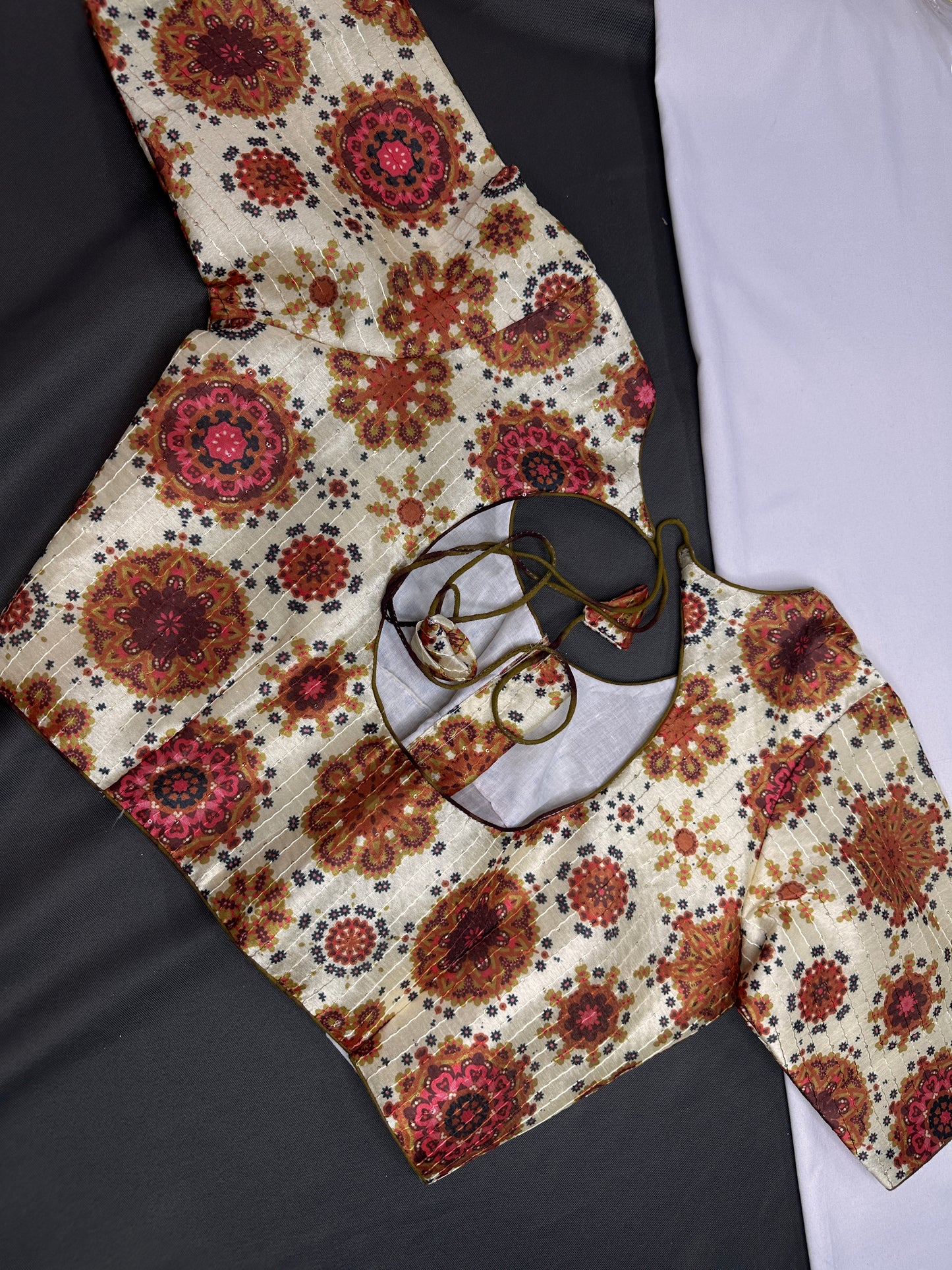 Beige Silk Kalamkari Sequins Blouse - 