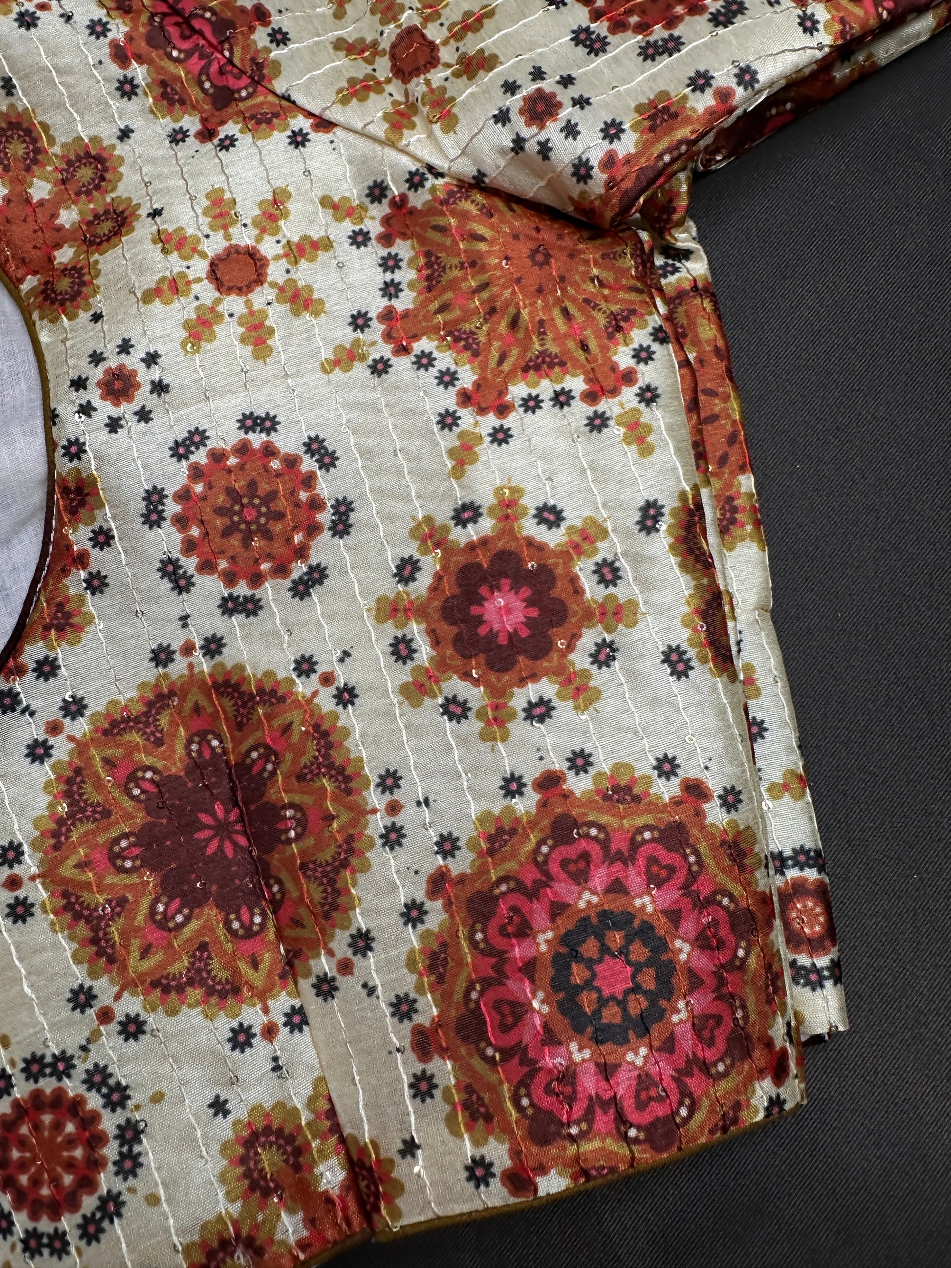 Beige Silk Kalamkari Sequins Blouse - 