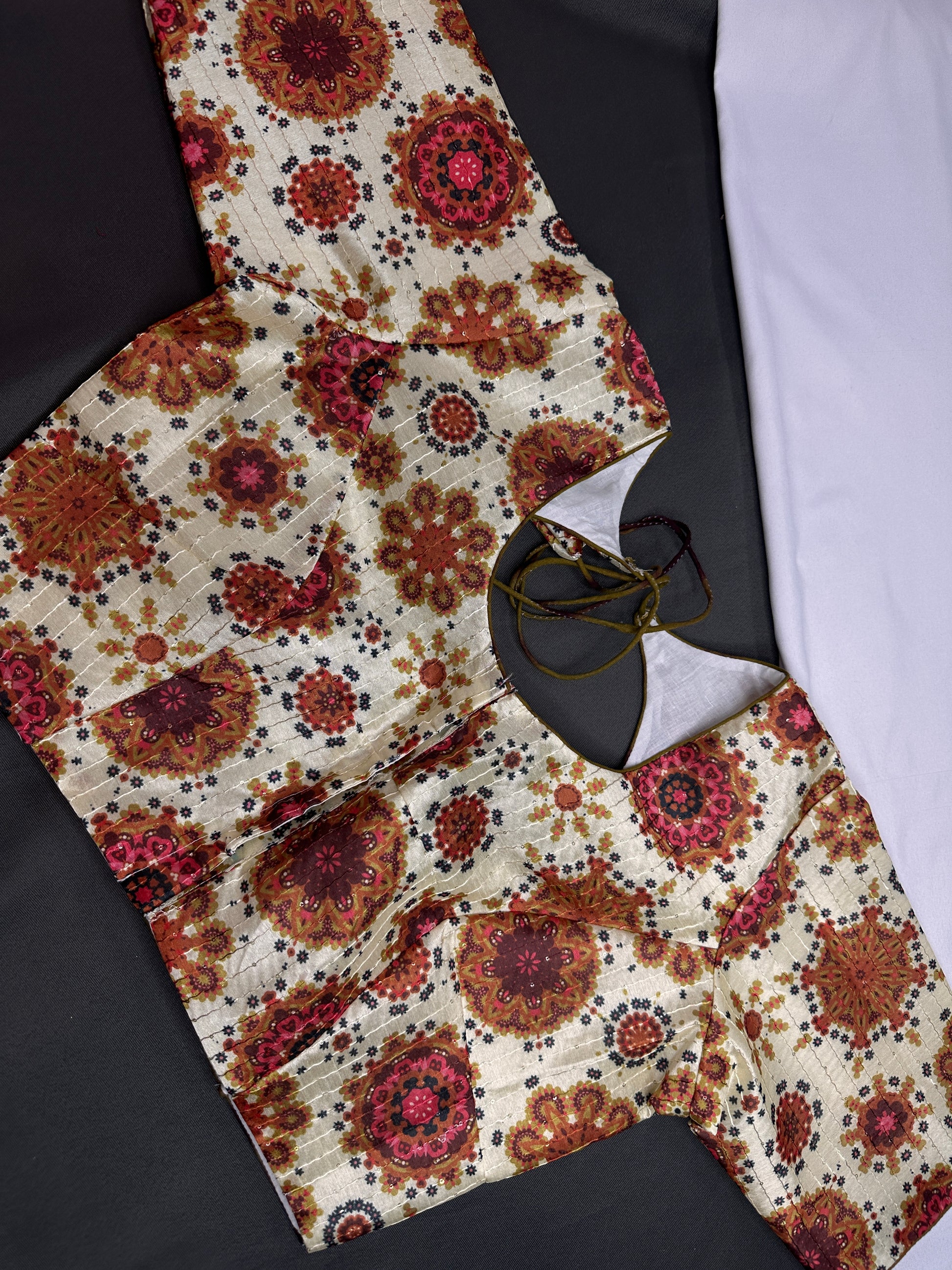 Beige Silk Kalamkari Sequins Blouse - 