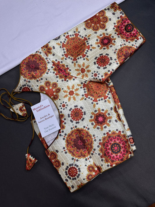 Beige Silk Kalamkari Sequins Blouse - 
