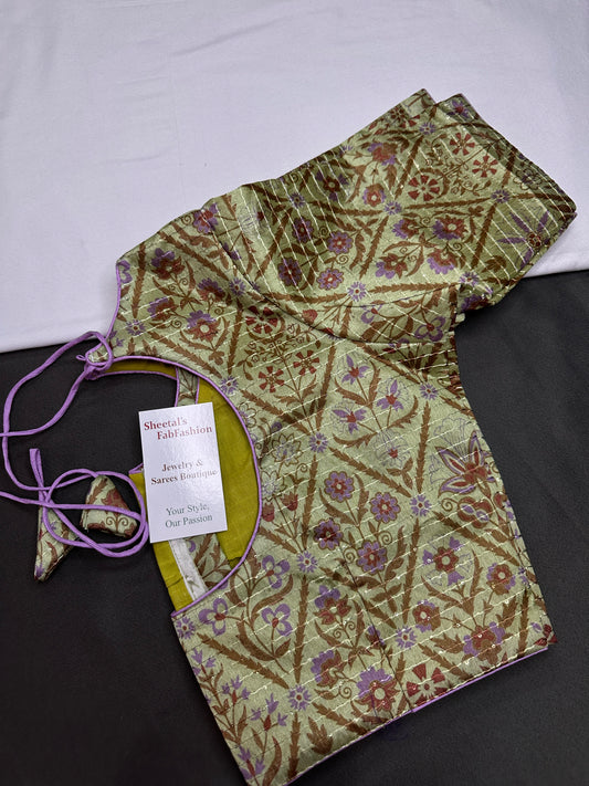 Green Silk Kalamkari Sequins Blouse - 
