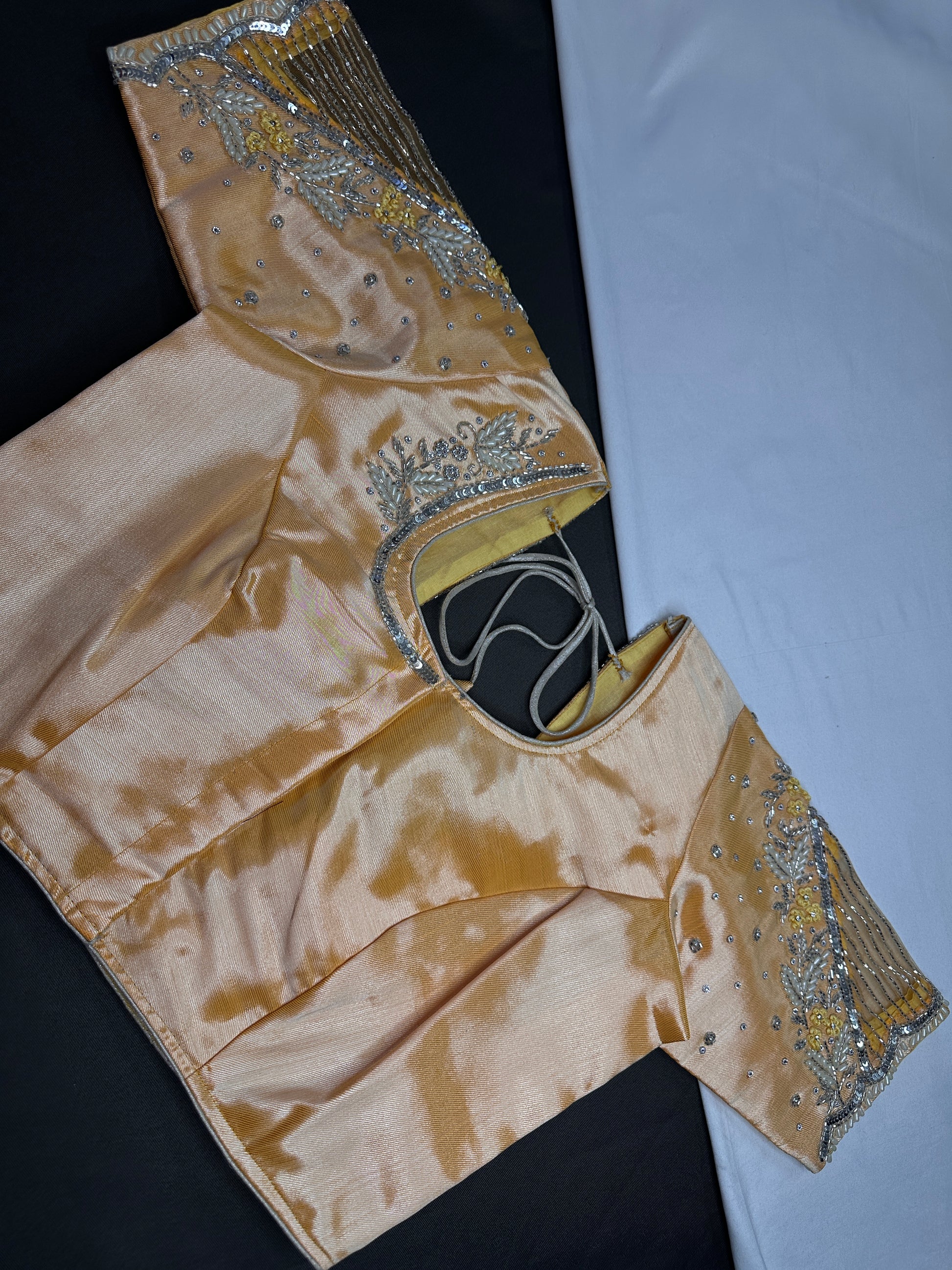 Pastel Peach Tissue Silk Maggam Aari Net Blouse - 