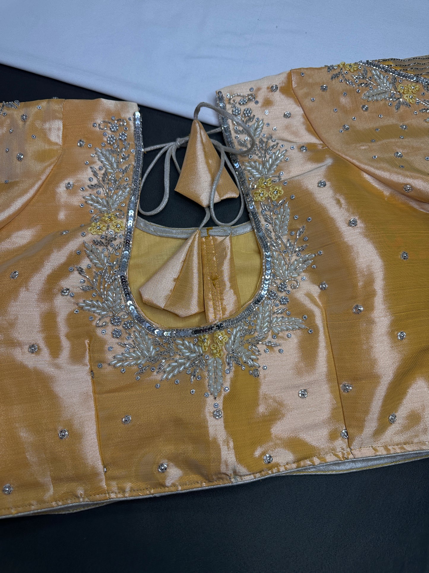 Pastel Peach Tissue Silk Maggam Aari Net Blouse - 