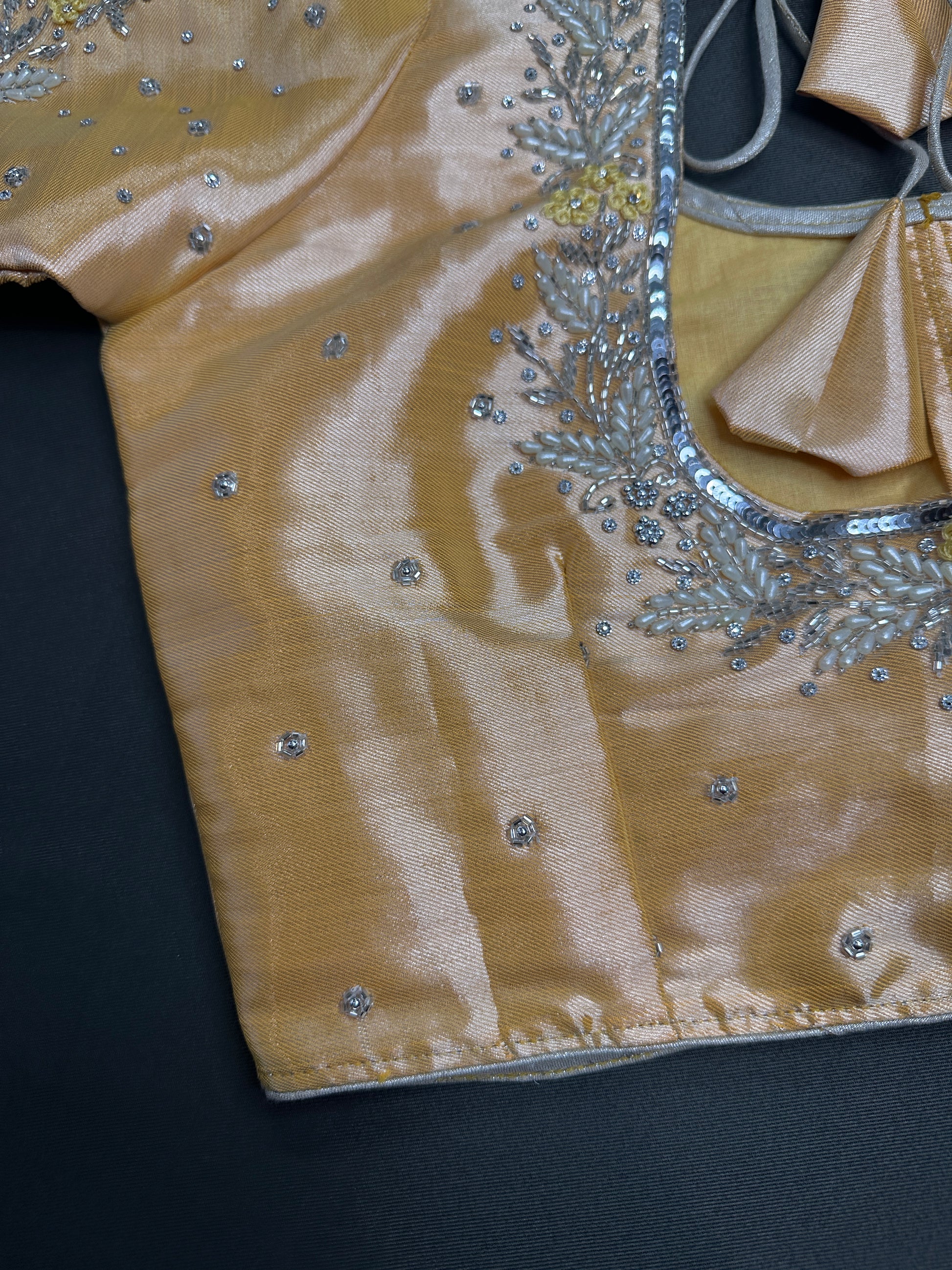 Pastel Peach Tissue Silk Maggam Aari Net Blouse - 