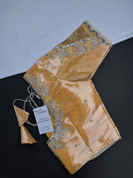 Pastel Peach Tissue Silk Maggam Aari Net Blouse - 