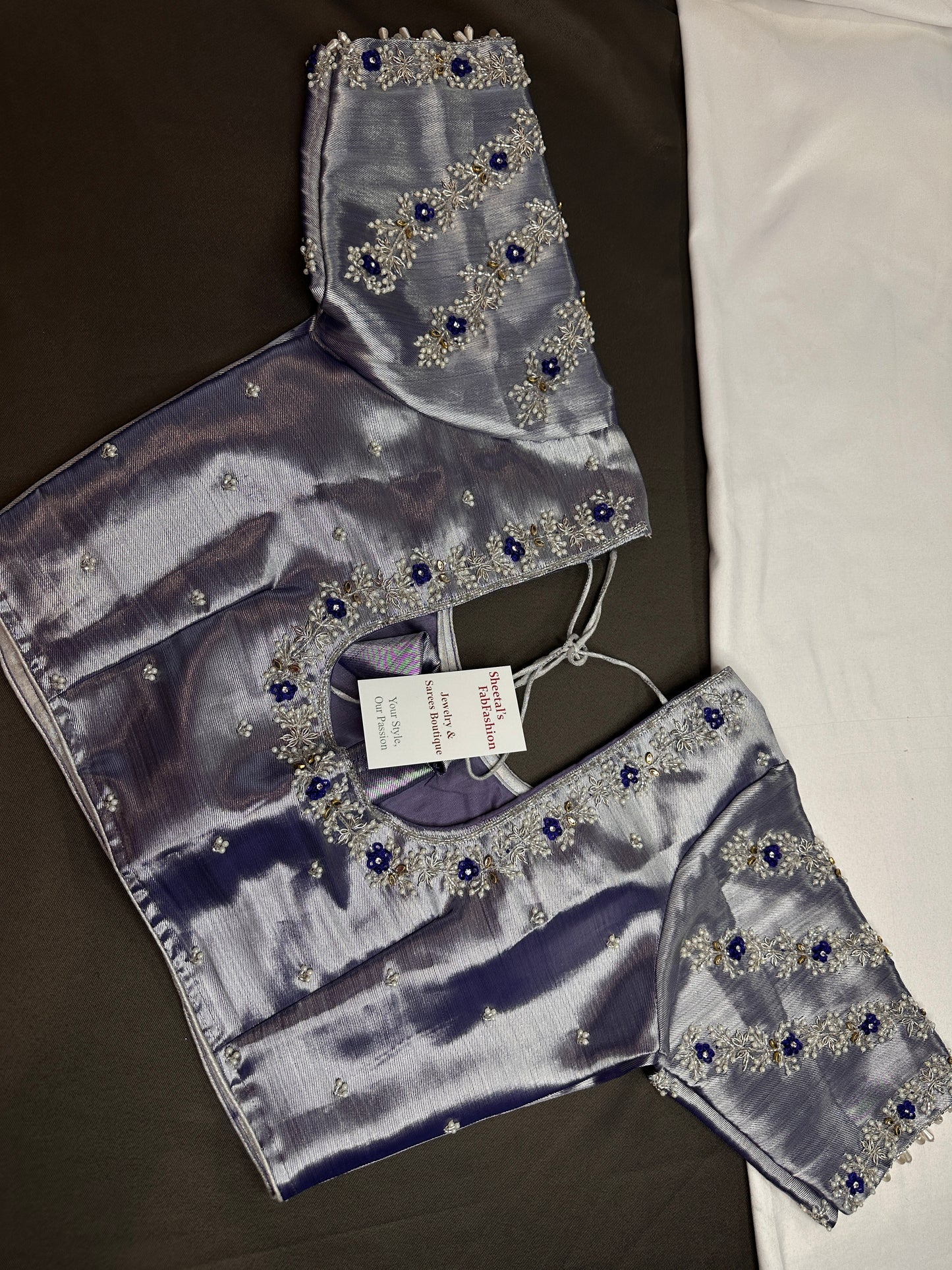 Purple Blue Tissue Silk Maggam Aari Net Blouse - 