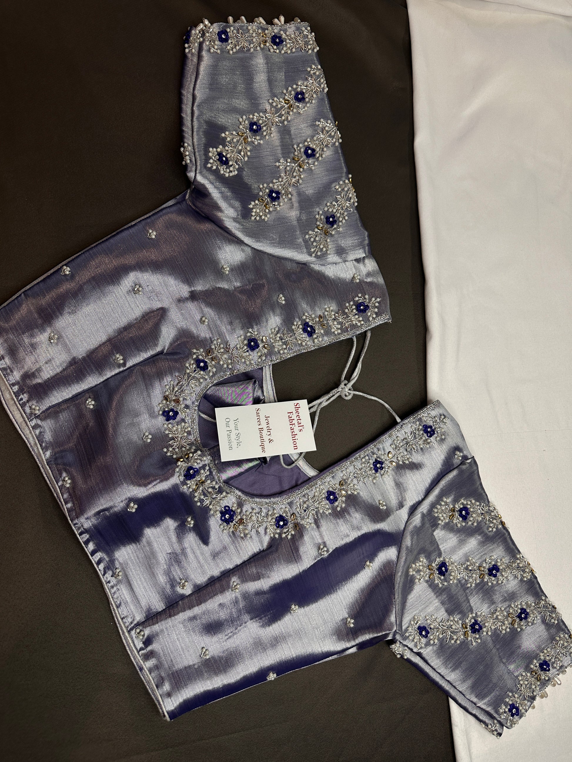 Purple Blue Tissue Silk Maggam Aari Net Blouse - 