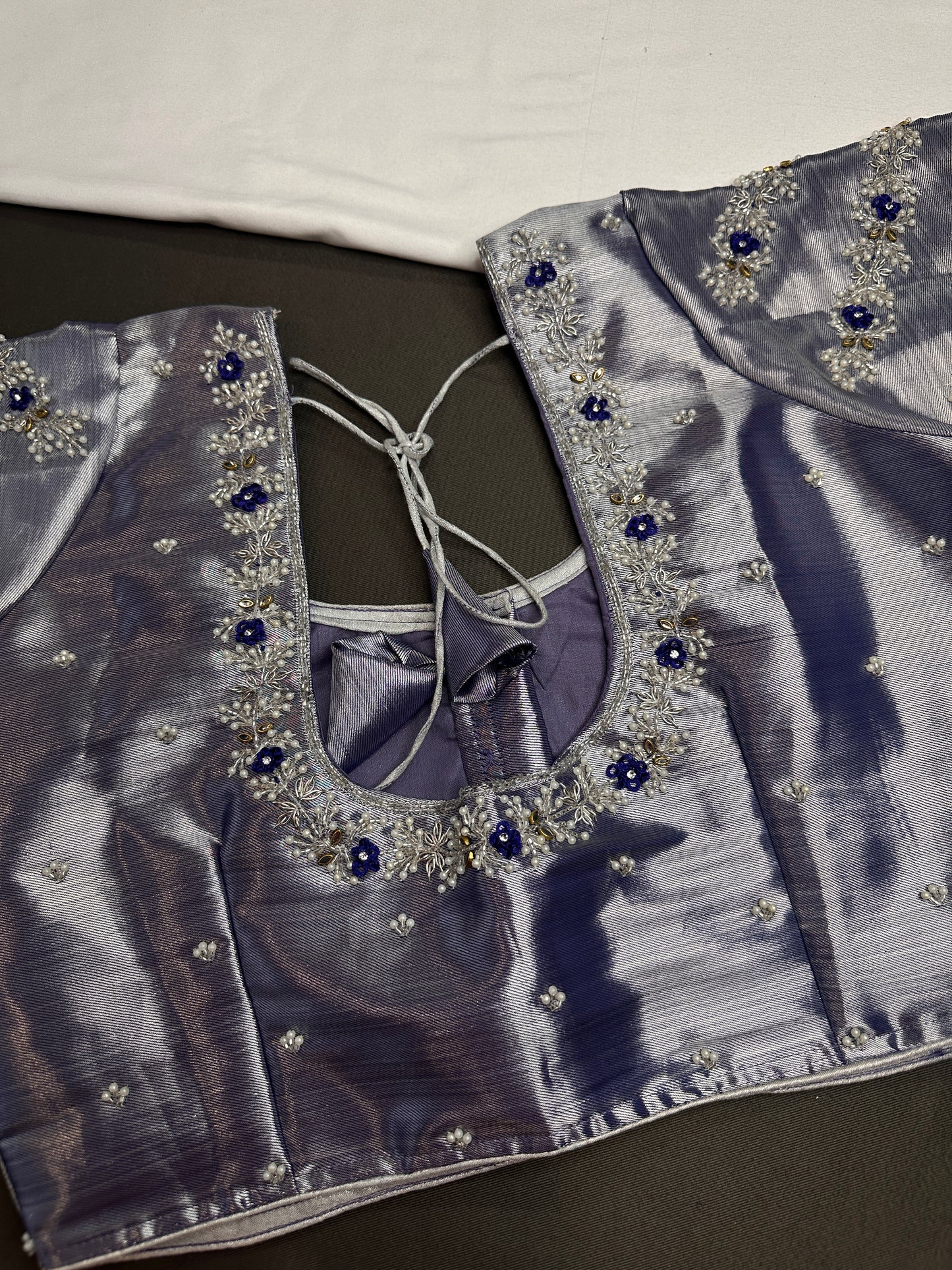 Purple Blue Tissue Silk Maggam Aari Net Blouse - 