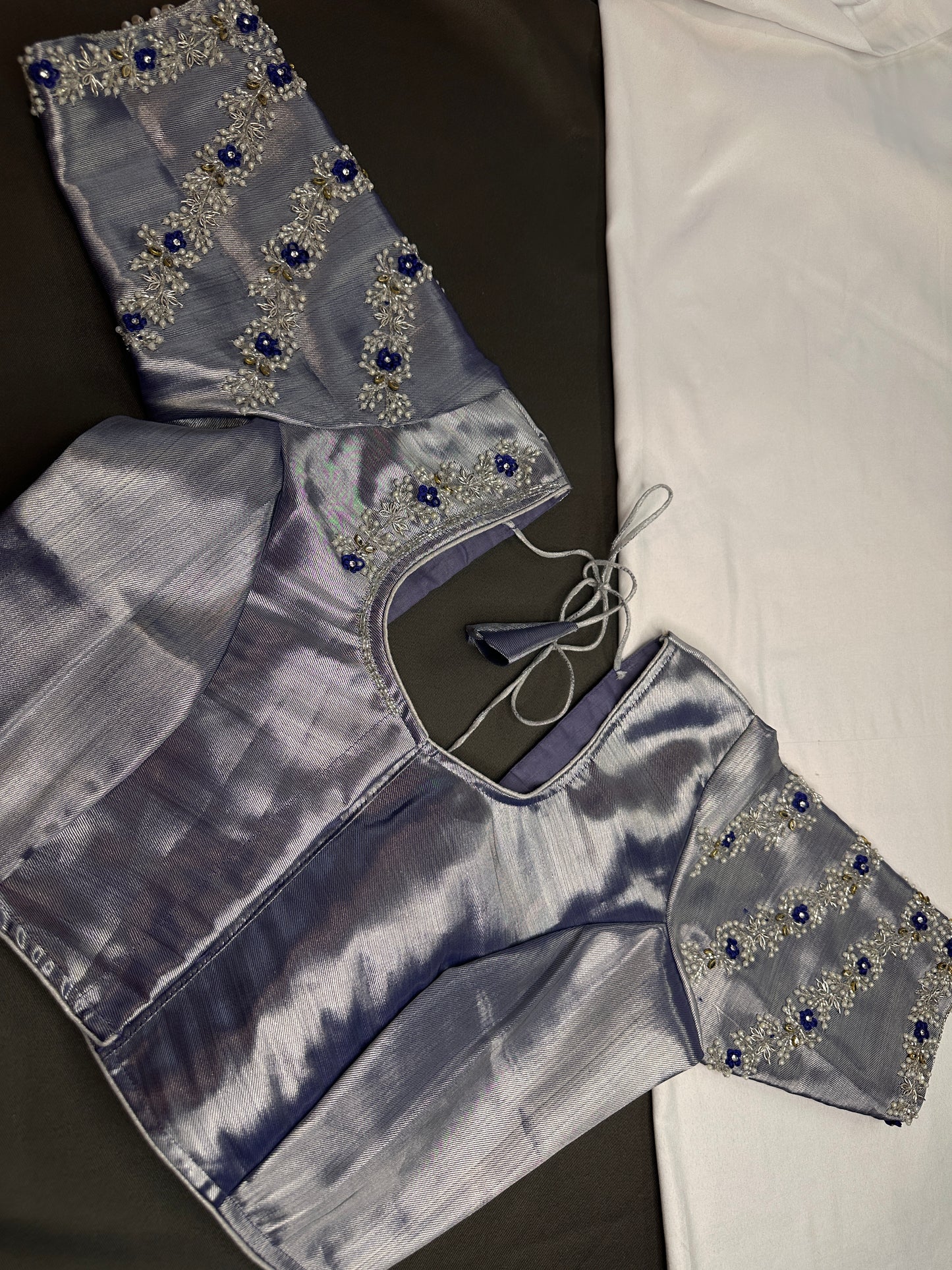 Purple Blue Tissue Silk Maggam Aari Net Blouse - 